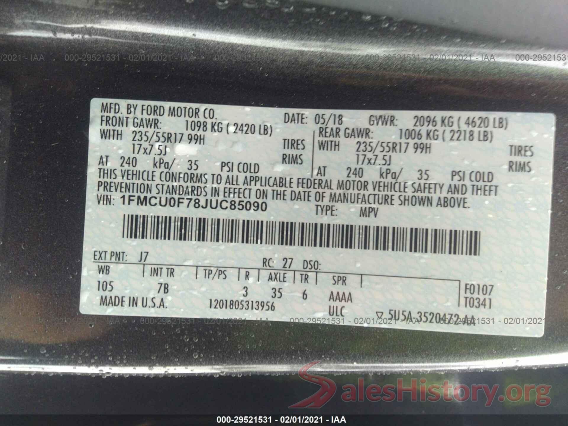 1FMCU0F78JUC85090 2018 FORD ESCAPE