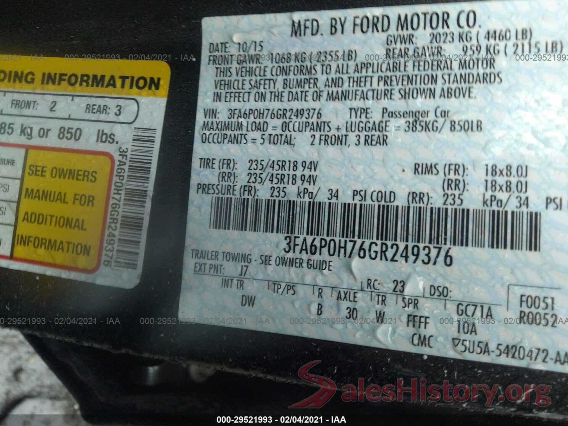 3FA6P0H76GR249376 2016 FORD FUSION