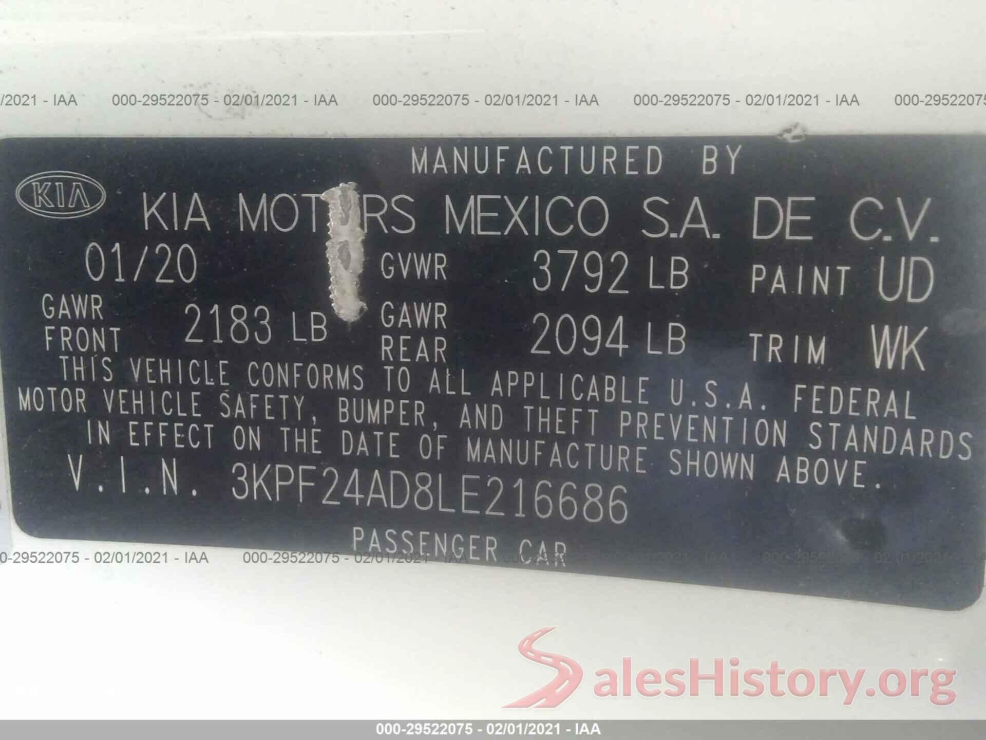 3KPF24AD8LE216686 2020 KIA FORTE