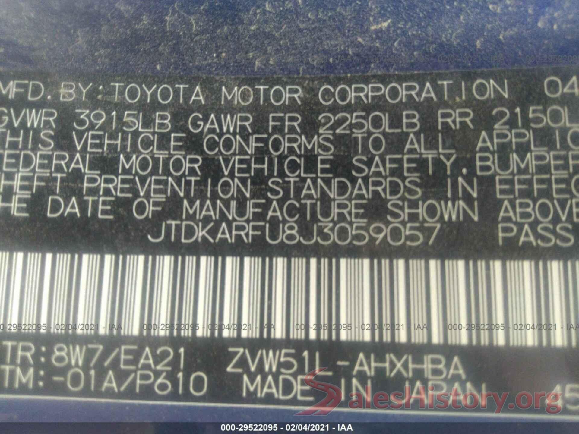 JTDKARFU8J3059057 2018 TOYOTA PRIUS