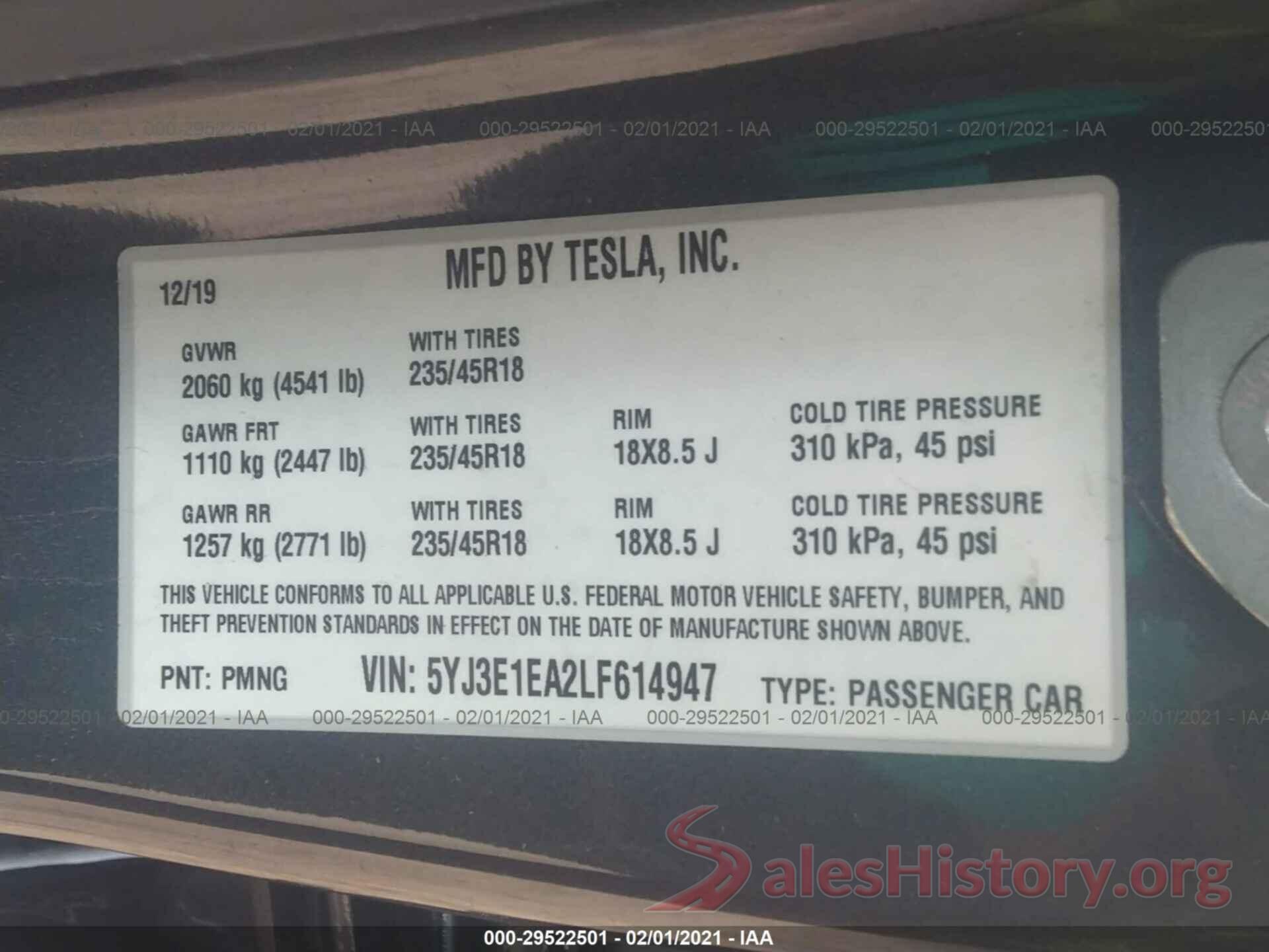 5YJ3E1EA2LF614947 2020 TESLA MODEL 3