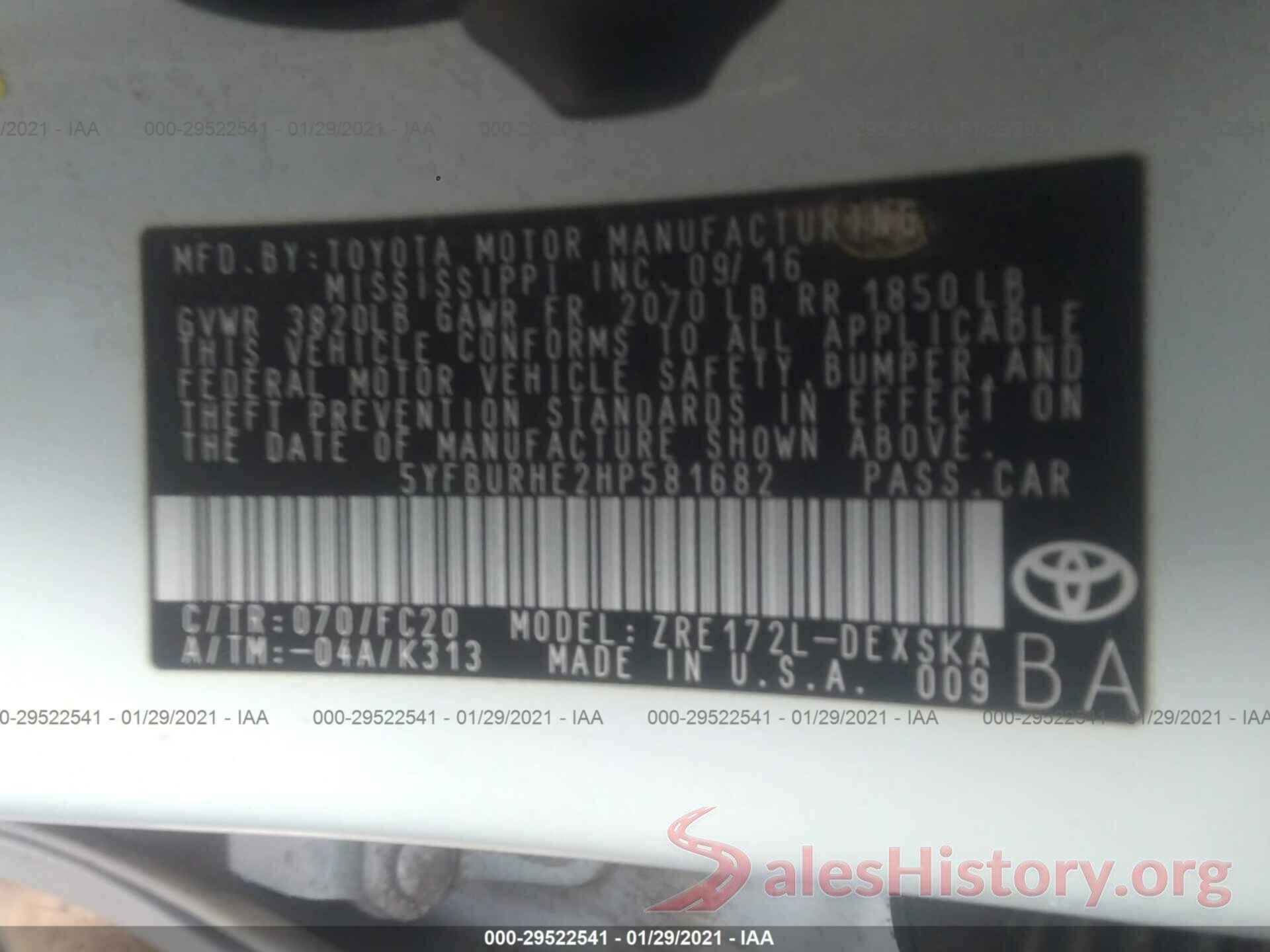 5YFBURHE2HP581682 2017 TOYOTA COROLLA