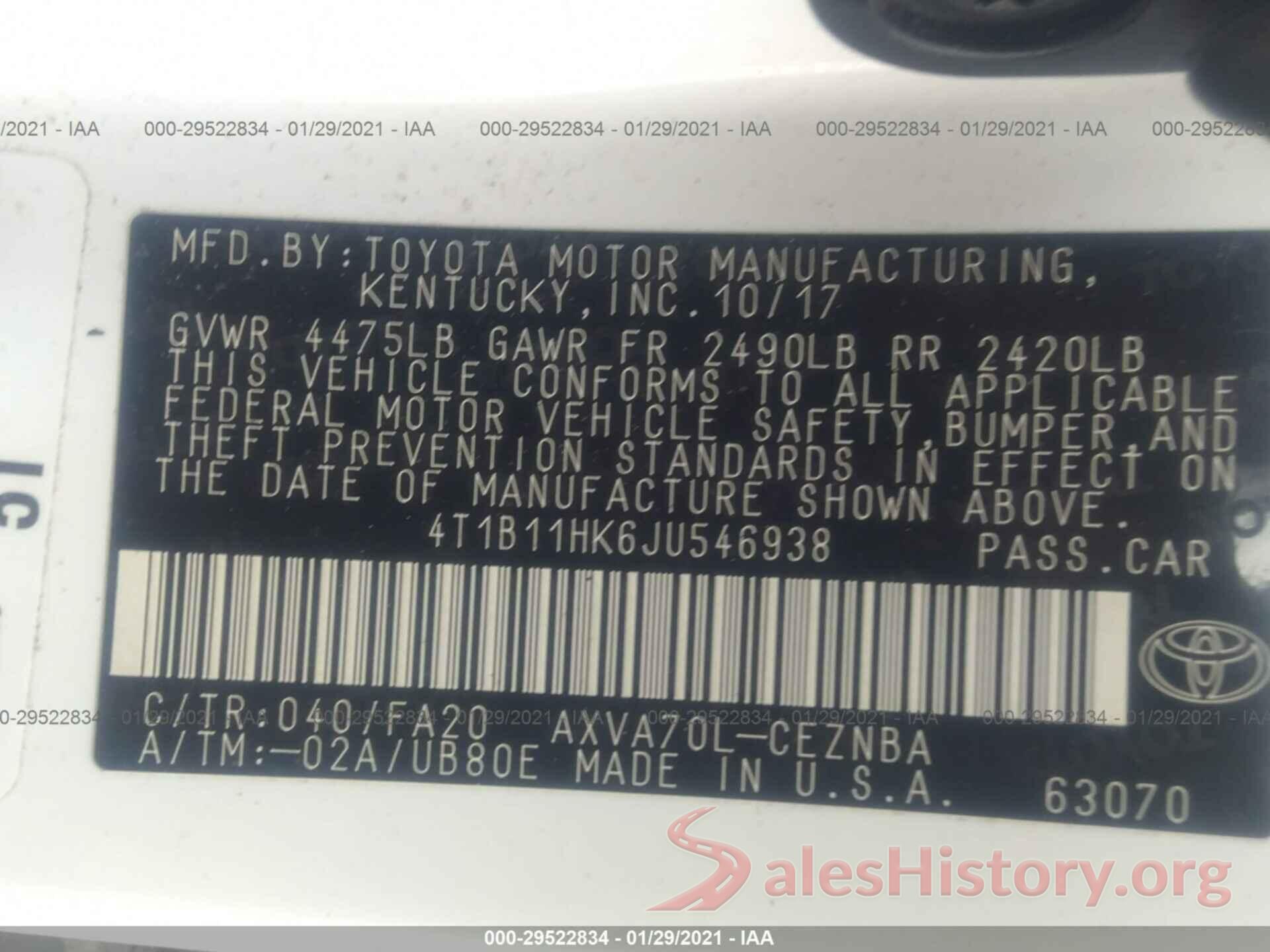 4T1B11HK6JU546938 2018 TOYOTA CAMRY