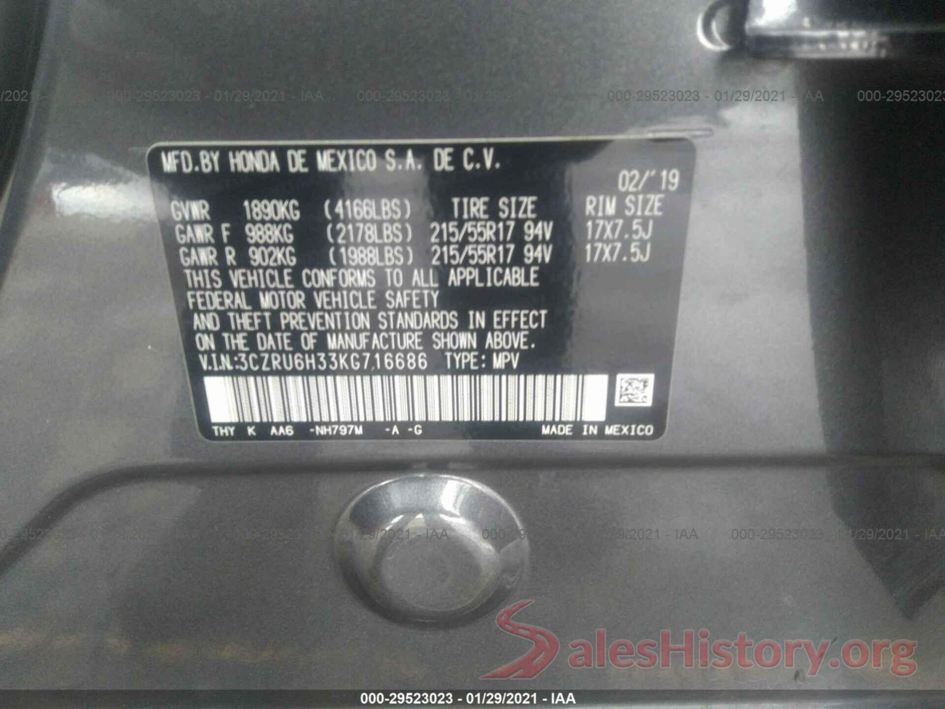 3CZRU6H33KG716686 2019 HONDA HR-V