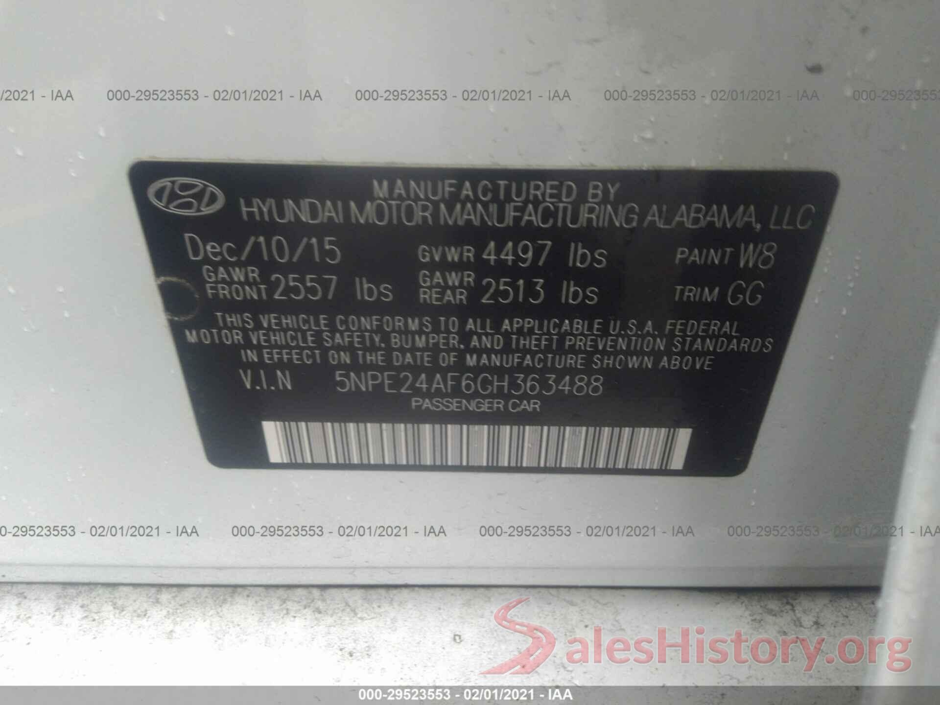 5NPE24AF6GH363488 2016 HYUNDAI SONATA