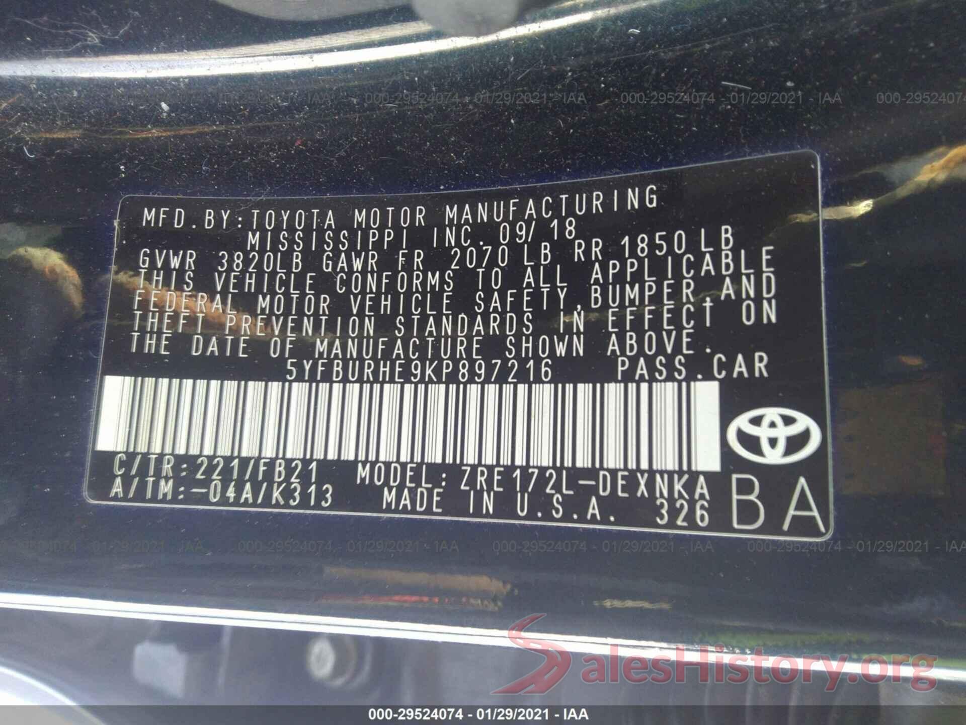 5YFBURHE9KP897216 2019 TOYOTA COROLLA