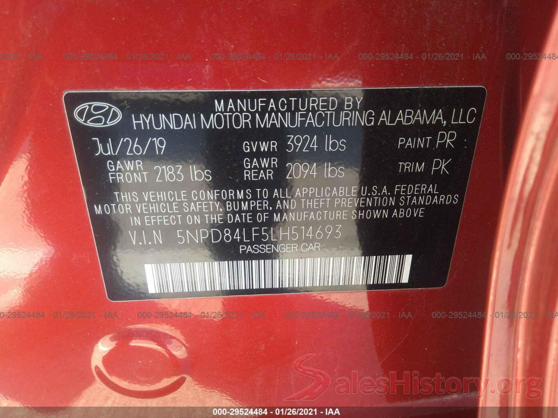 5NPD84LF5LH514693 2020 HYUNDAI ELANTRA