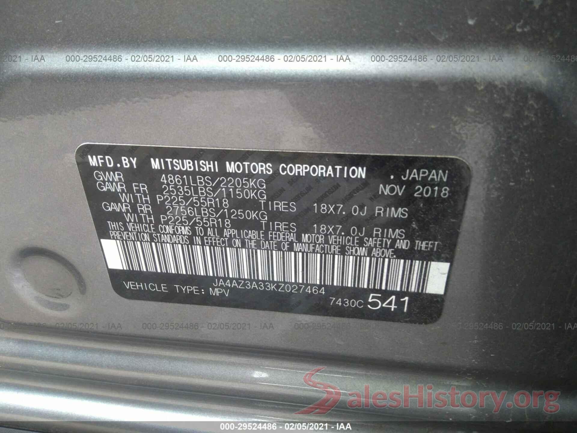 JA4AZ3A33KZ027464 2019 MITSUBISHI OUTLANDER