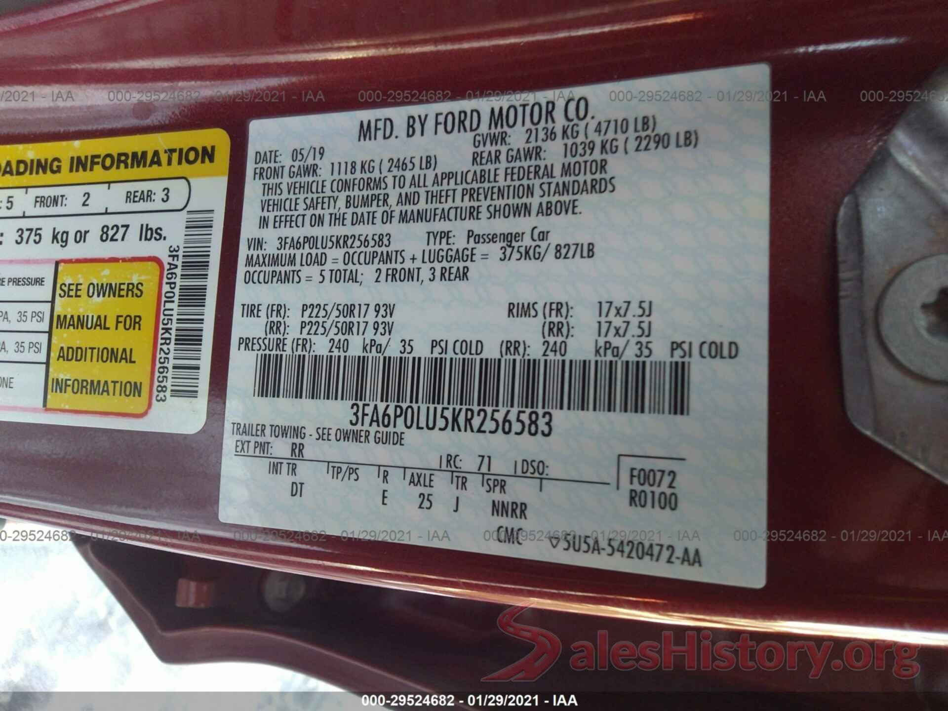 3FA6P0LU5KR256583 2019 FORD FUSION HYBRID