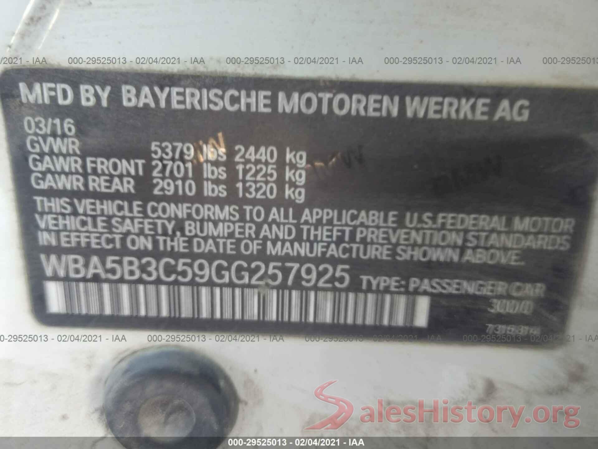 WBA5B3C59GG257925 2016 BMW 5 SERIES