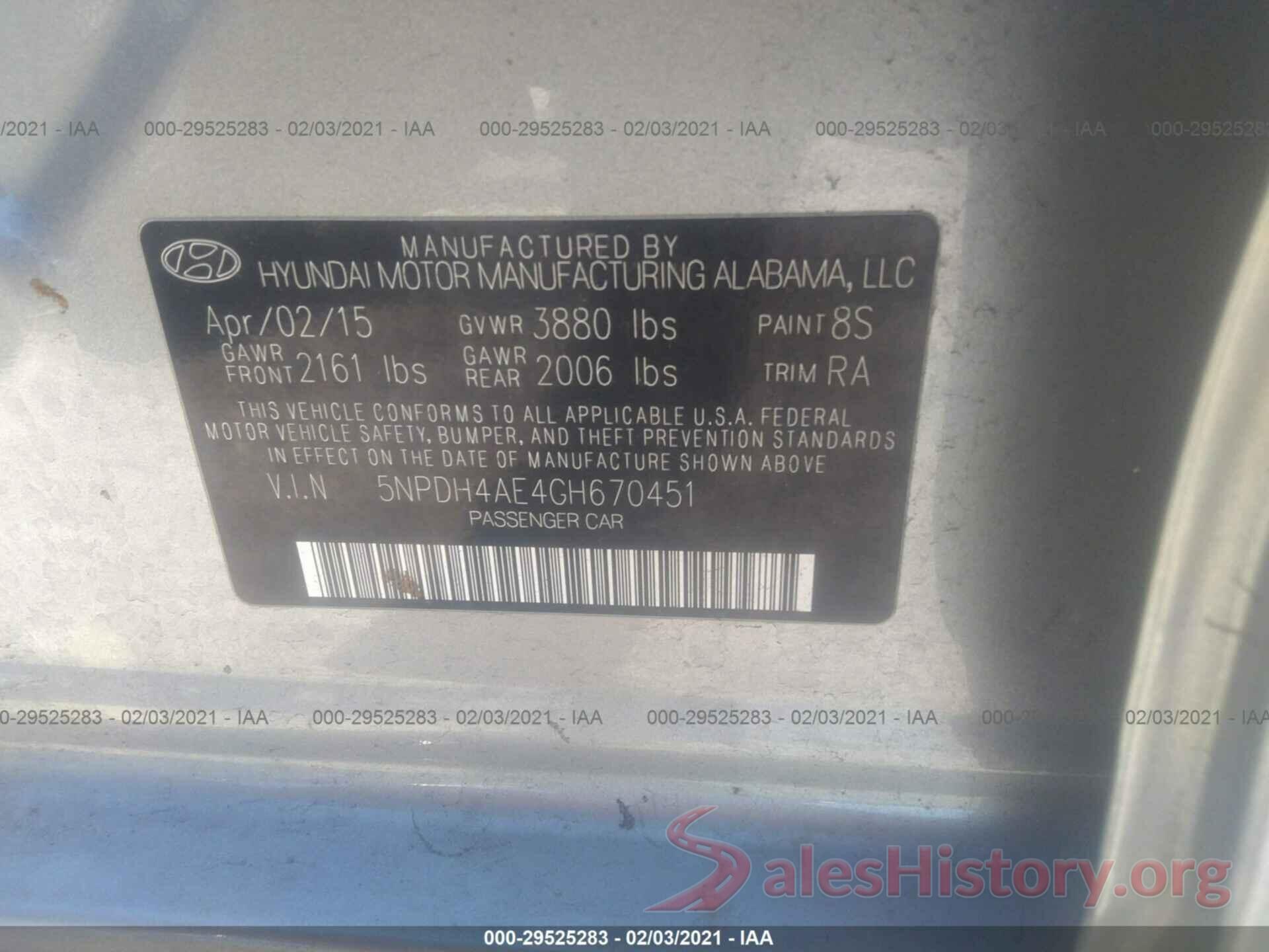 5NPDH4AE4GH670451 2016 HYUNDAI ELANTRA