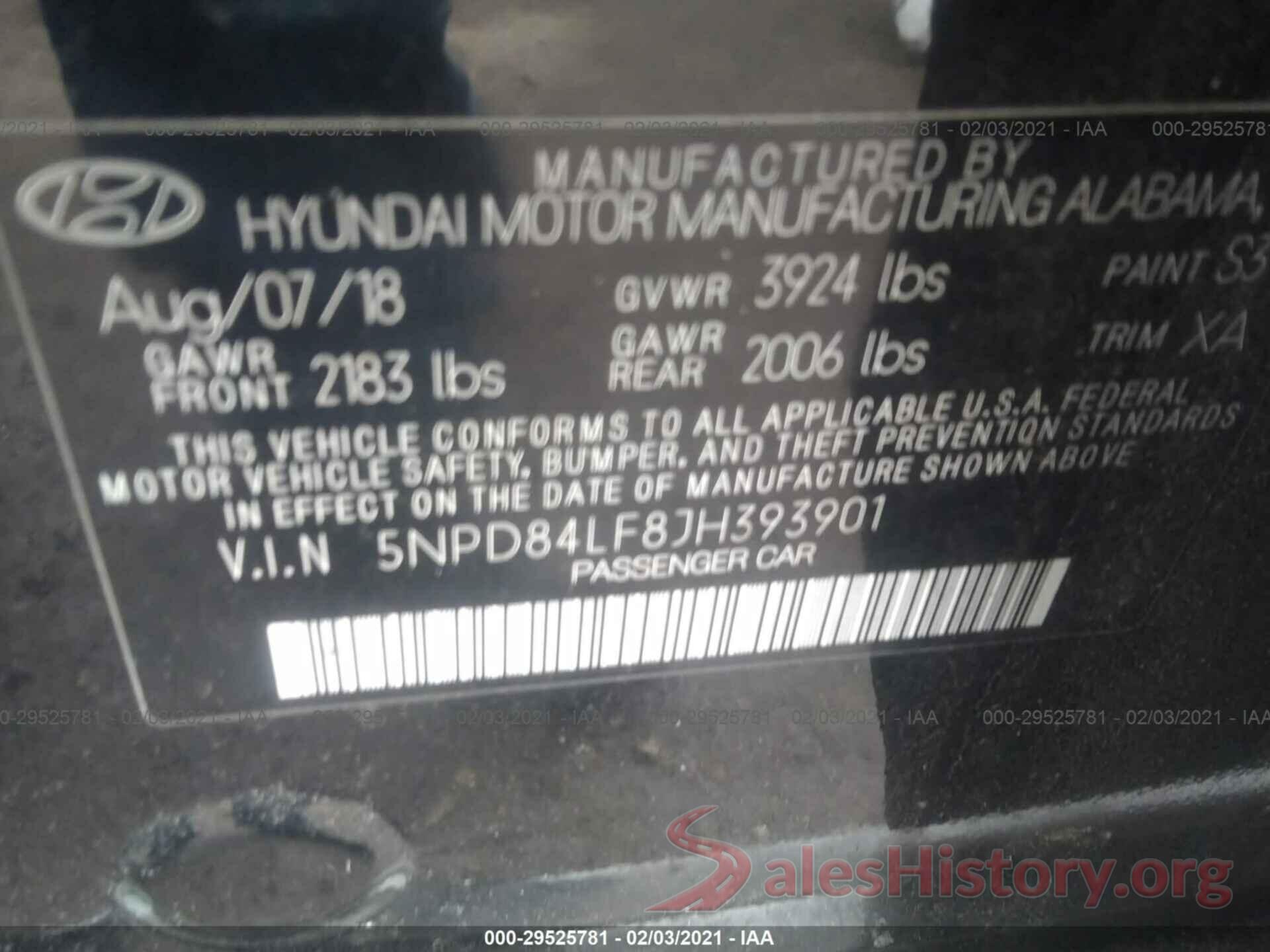 5NPD84LF8JH393901 2018 HYUNDAI ELANTRA