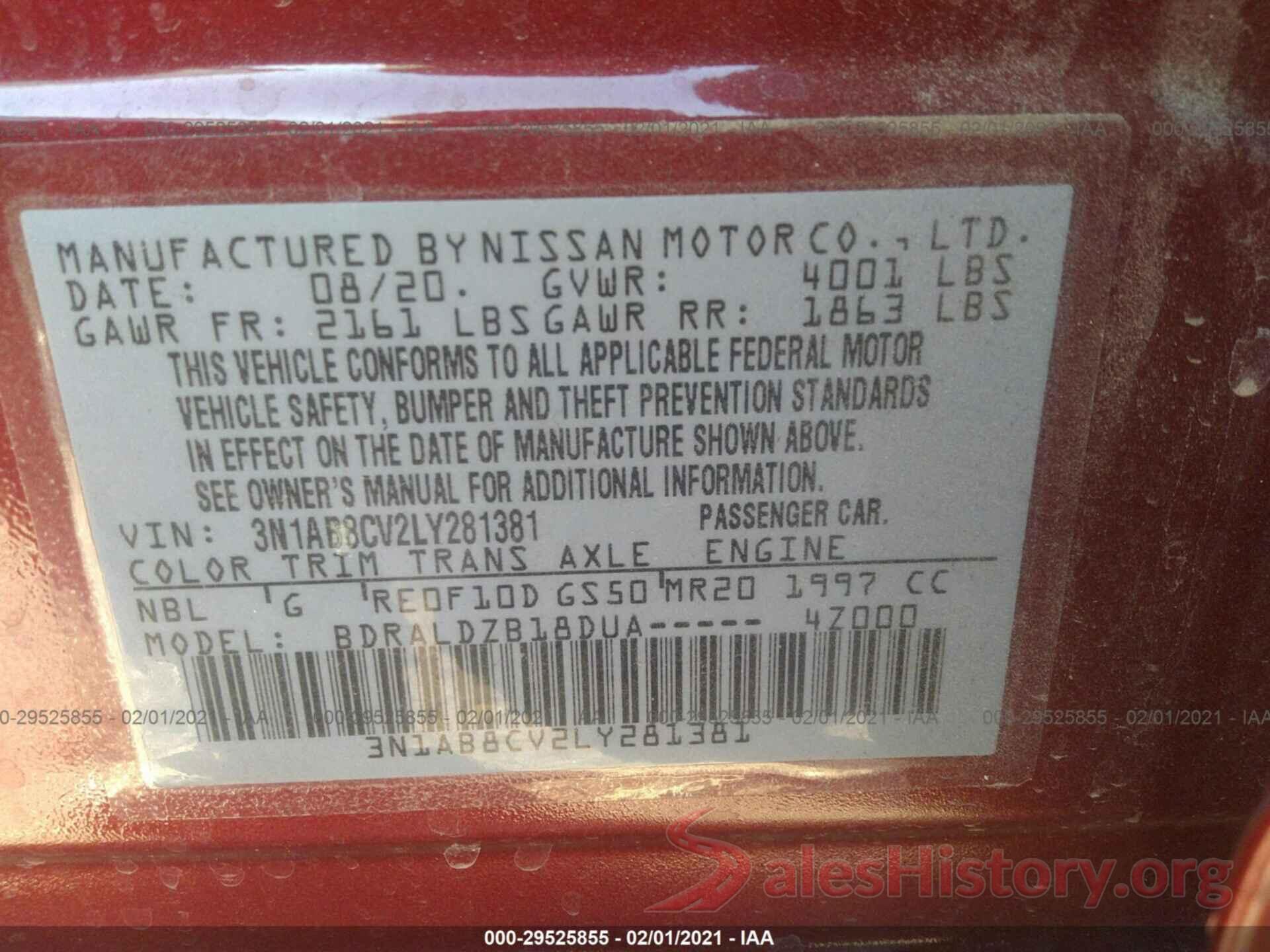 3N1AB8CV2LY281381 2020 NISSAN SENTRA