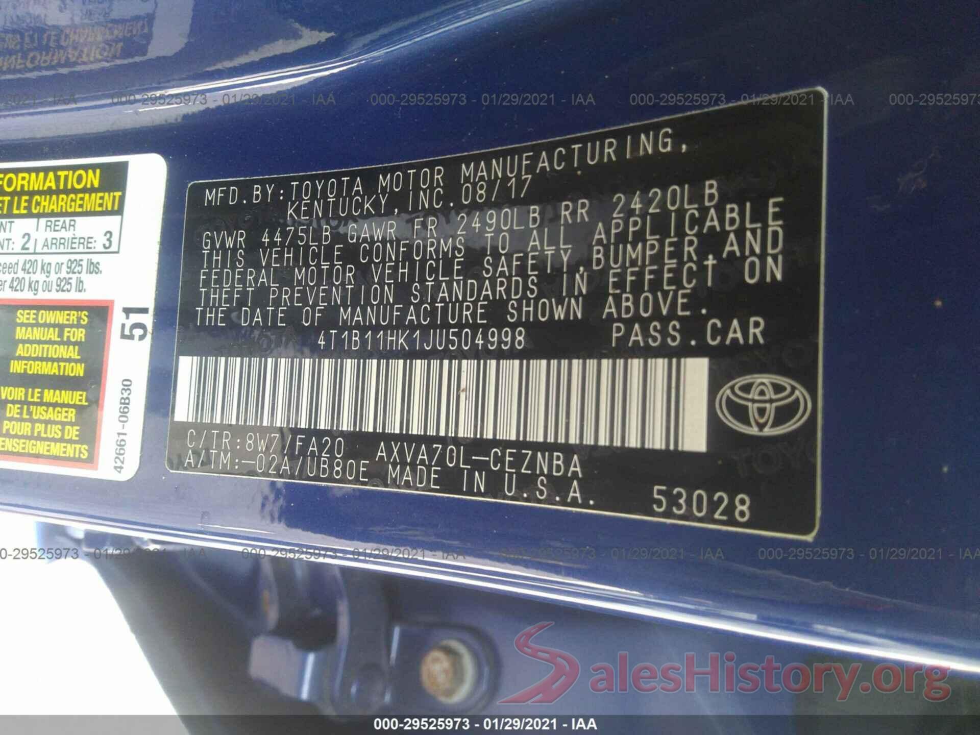 4T1B11HK1JU504998 2018 TOYOTA CAMRY