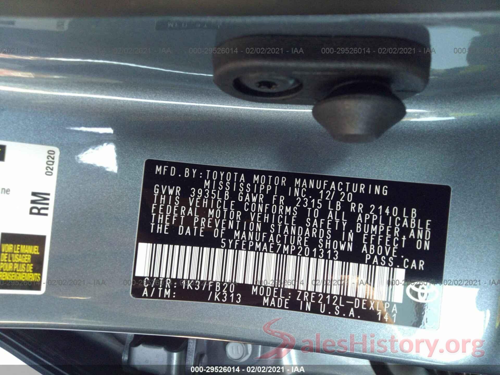 5YFEPMAE7MP201313 2021 TOYOTA COROLLA