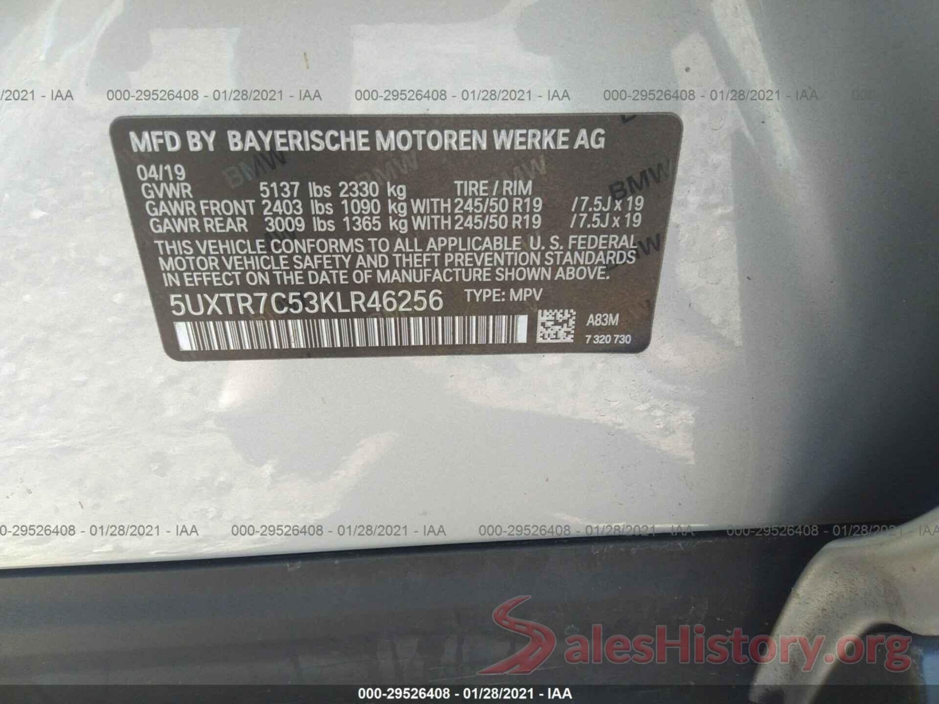 5UXTR7C53KLR46256 2019 BMW X3