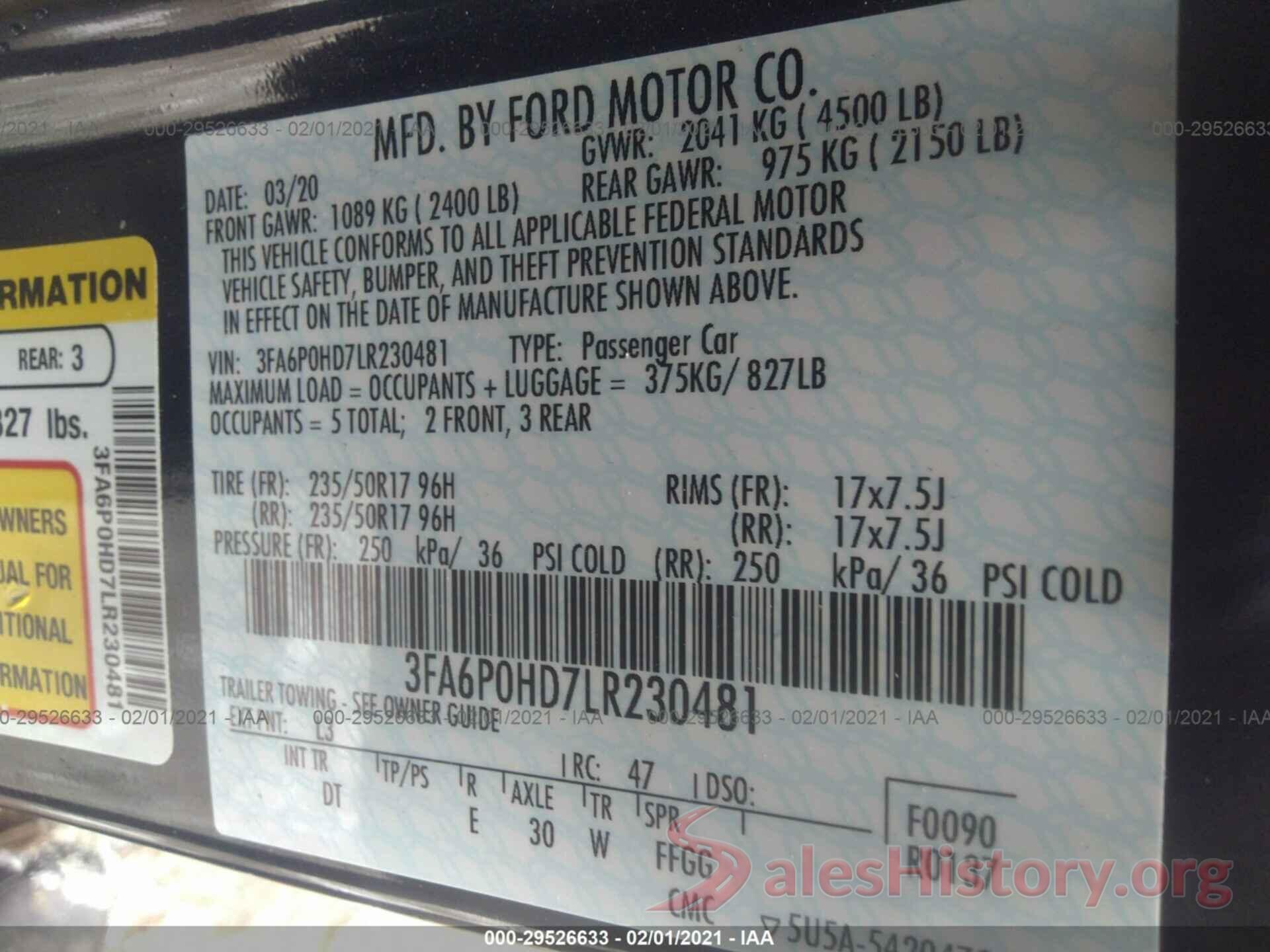 2FA6P0HDXLR230481 2020 FORD FUSION