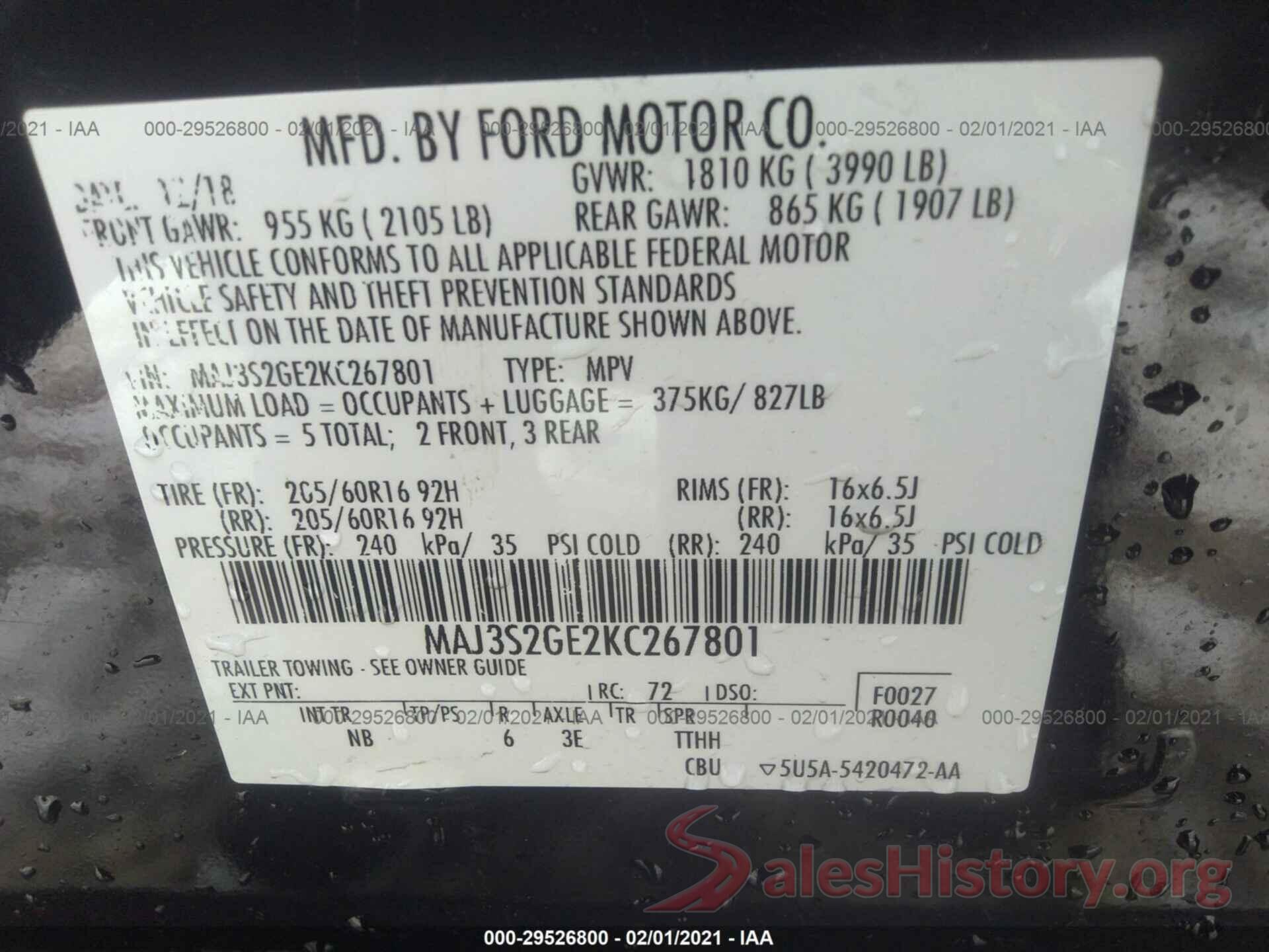 MAJ3S2GE2KC267801 2019 FORD ECOSPORT