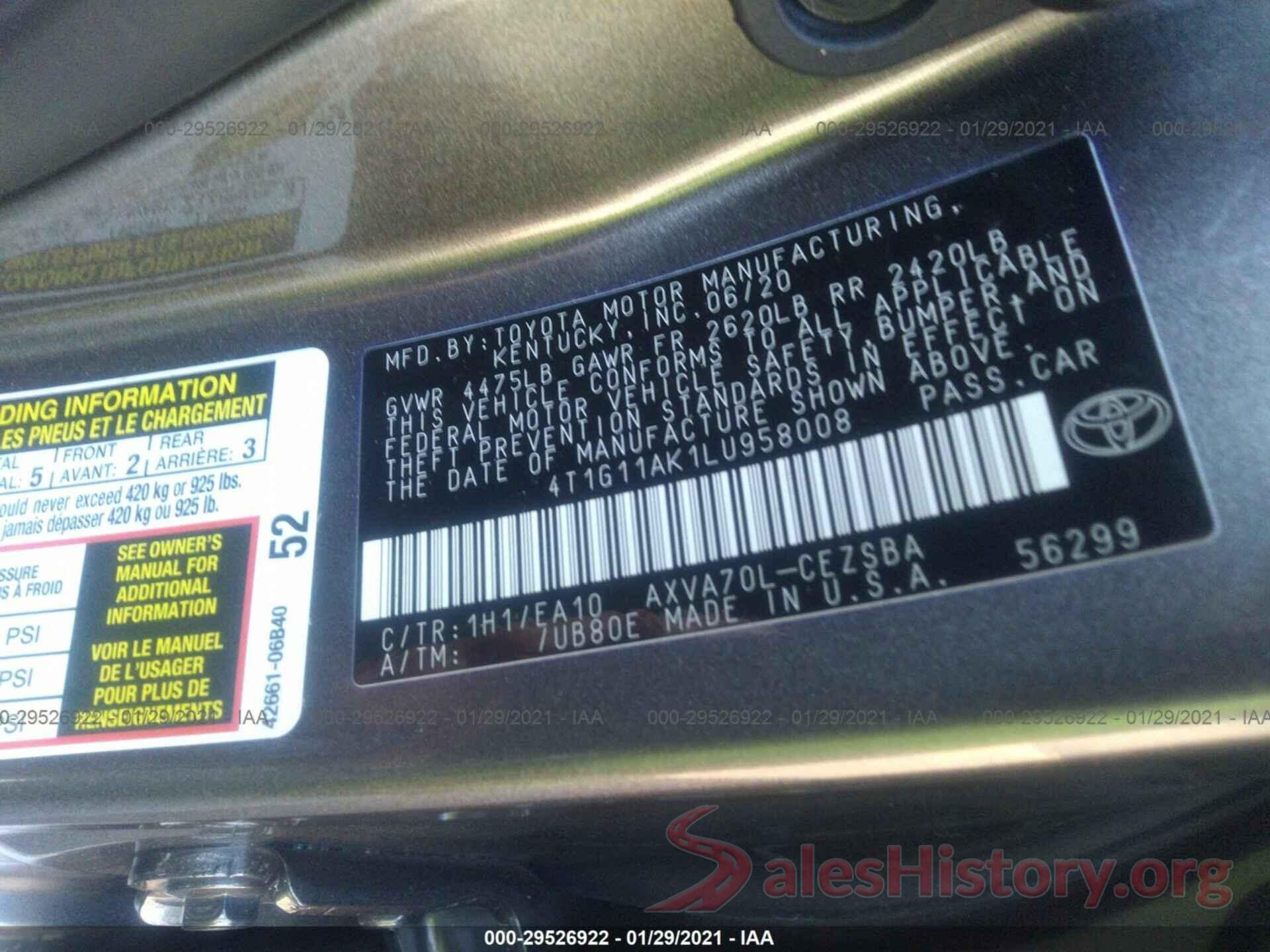 4T1G11AK1LU958008 2020 TOYOTA CAMRY