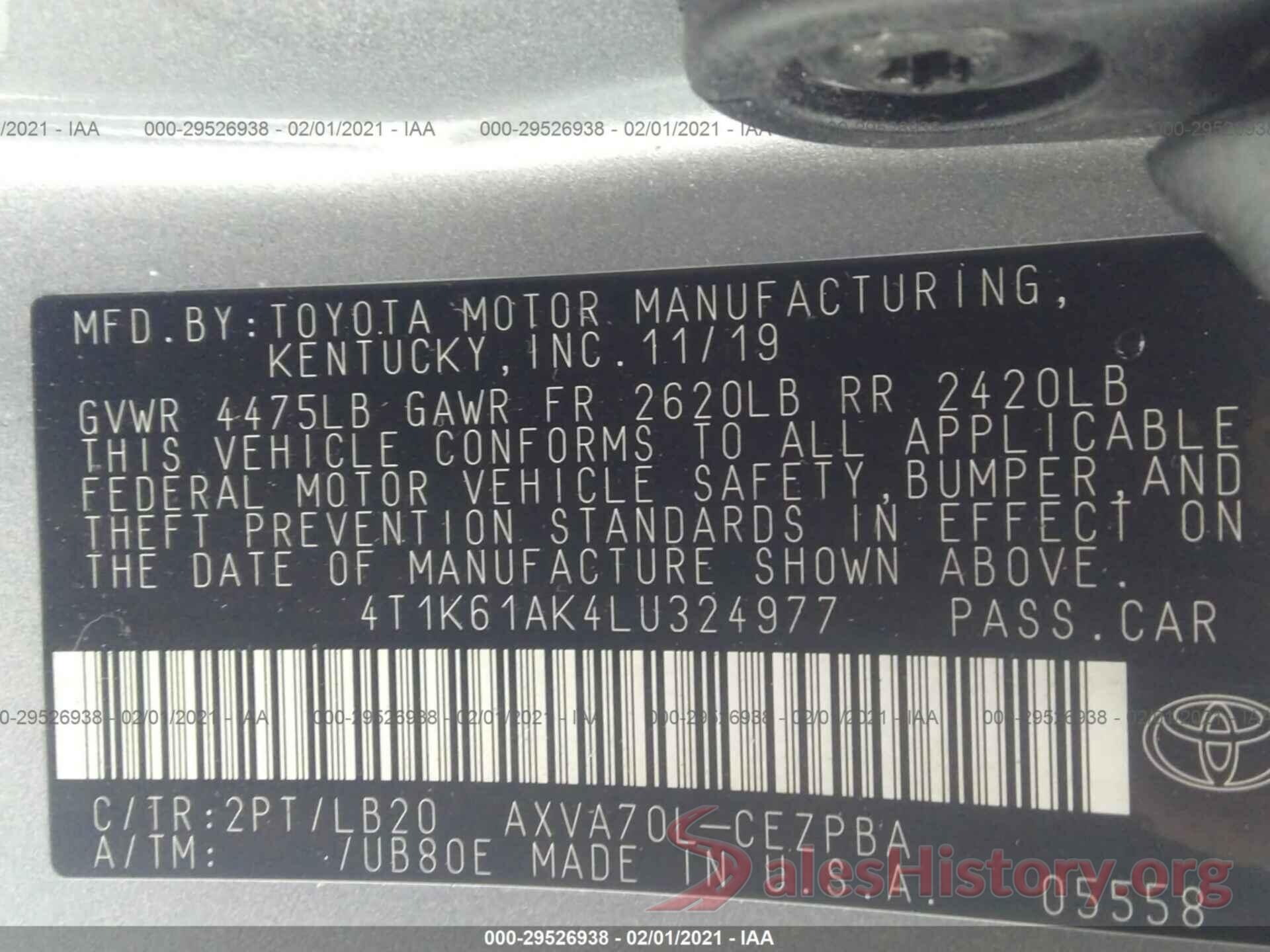 4T1K61AK4LU324977 2020 TOYOTA CAMRY