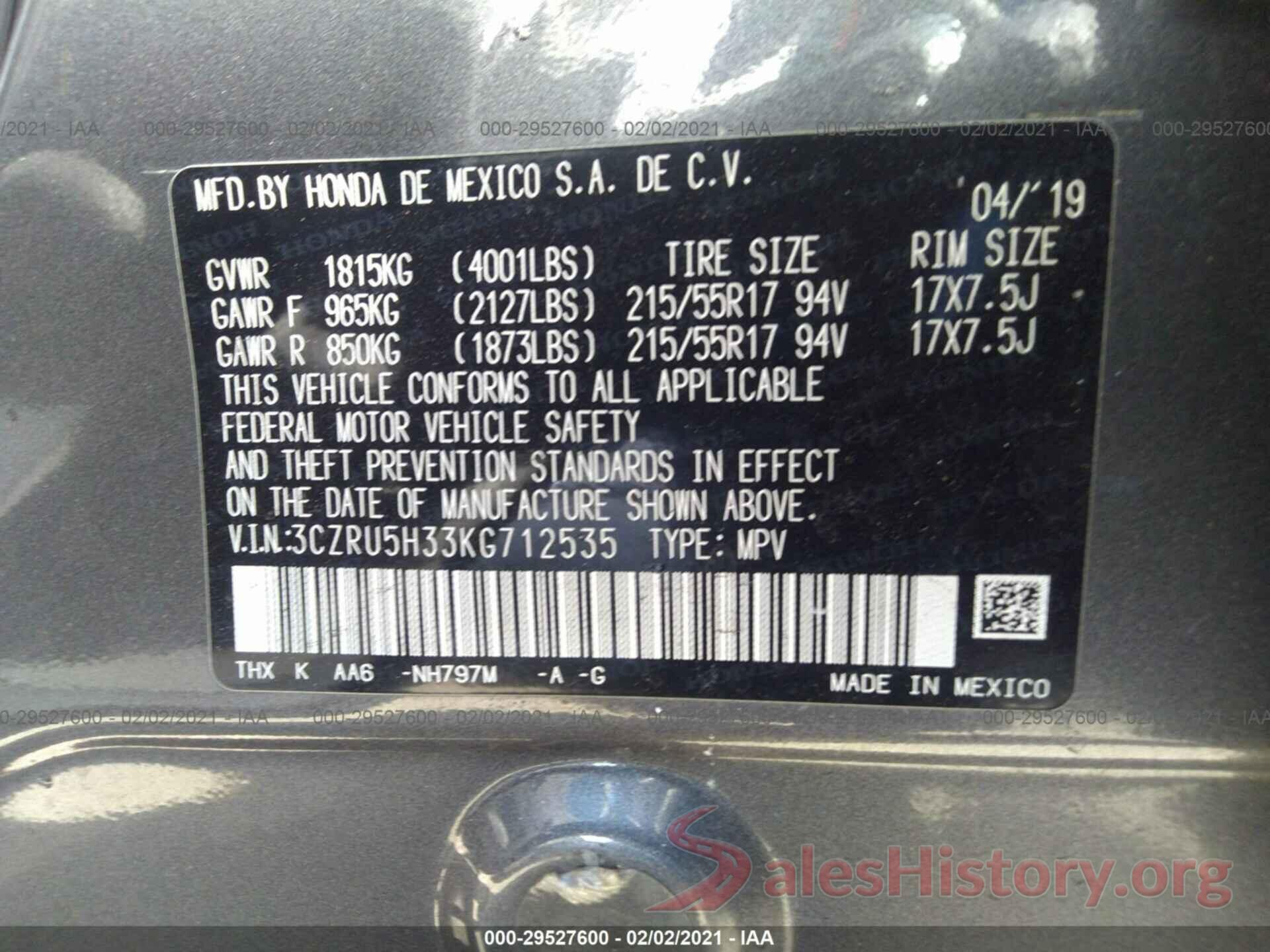 3CZRU5H33KG712535 2019 HONDA HR-V