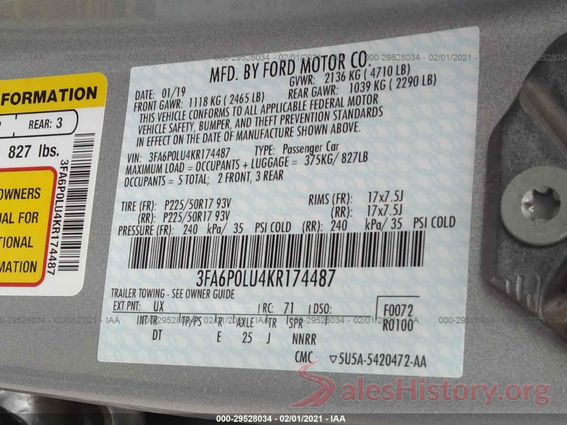 3FA6P0LU4KR174487 2019 FORD FUSION HYBRID