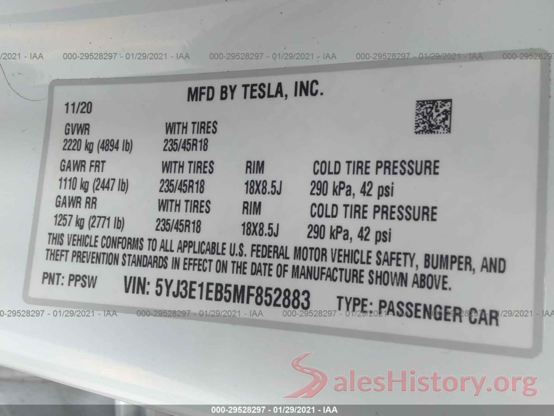 5YJ3E1EB5MF852883 2021 TESLA MODEL 3