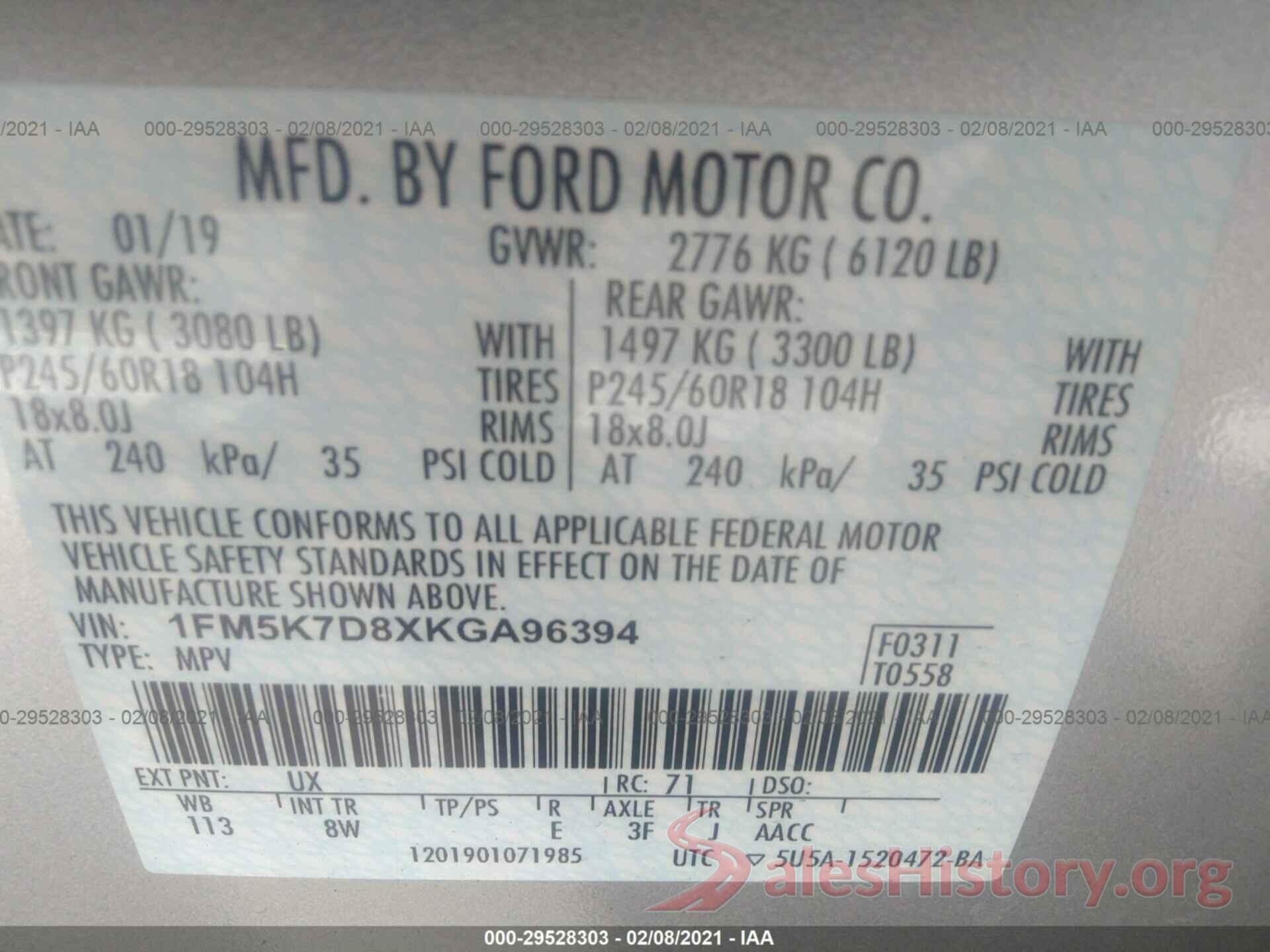 1FM5K7D8XKGA96394 2019 FORD EXPLORER