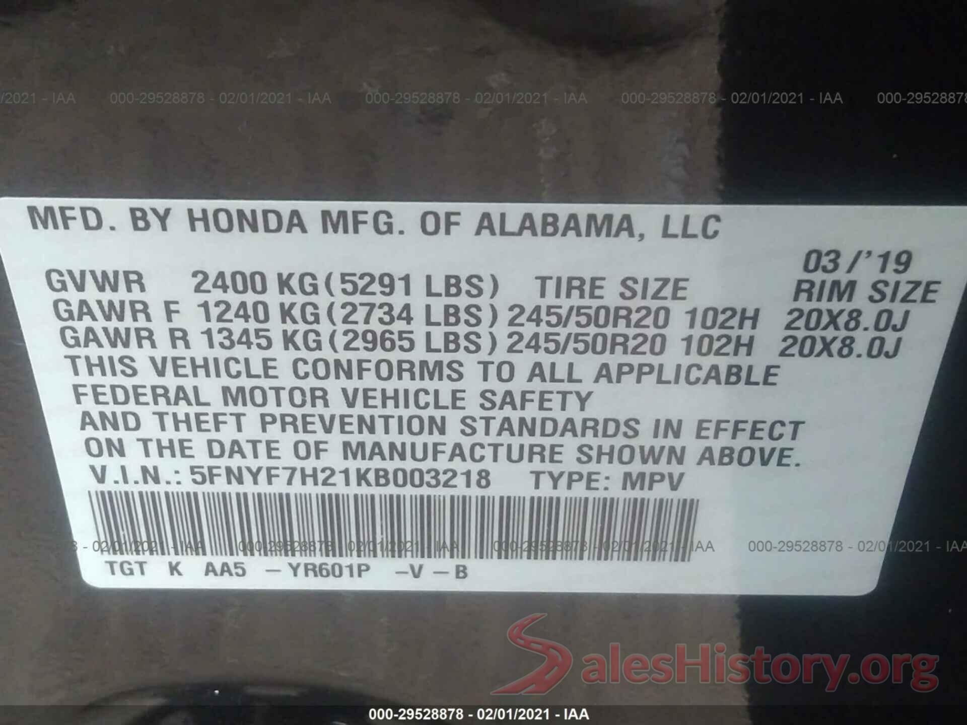 5FNYF7H21KB003218 2019 HONDA PASSPORT