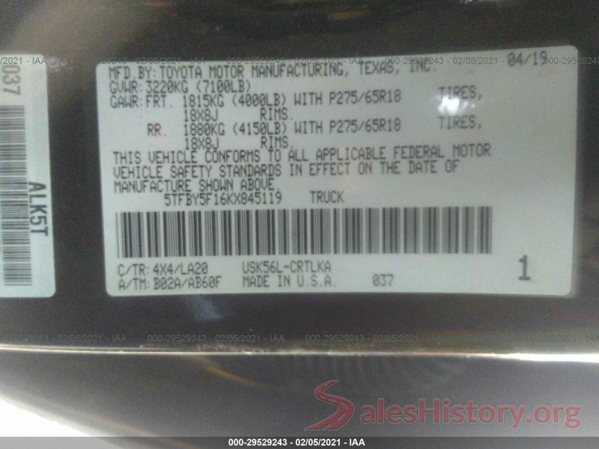 5TFBY5F16KX845119 2019 TOYOTA TUNDRA 4WD