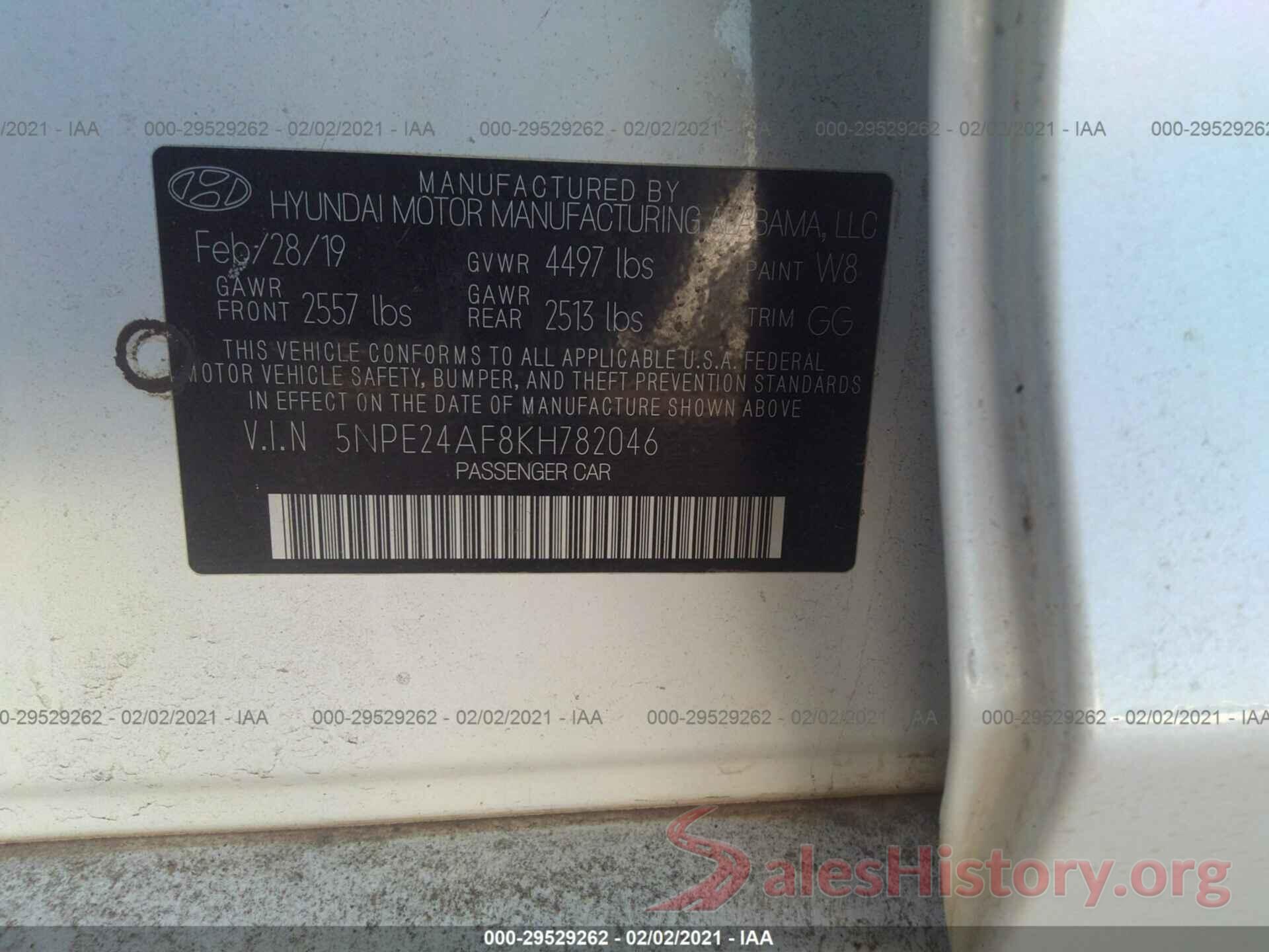 5NPE24AF8KH782046 2019 HYUNDAI SONATA