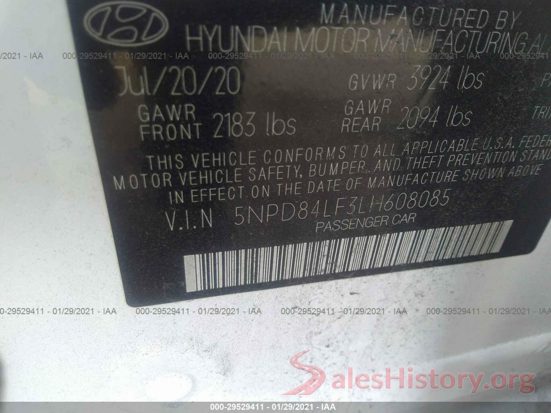 5NPD84LF3LH608085 2020 HYUNDAI ELANTRA