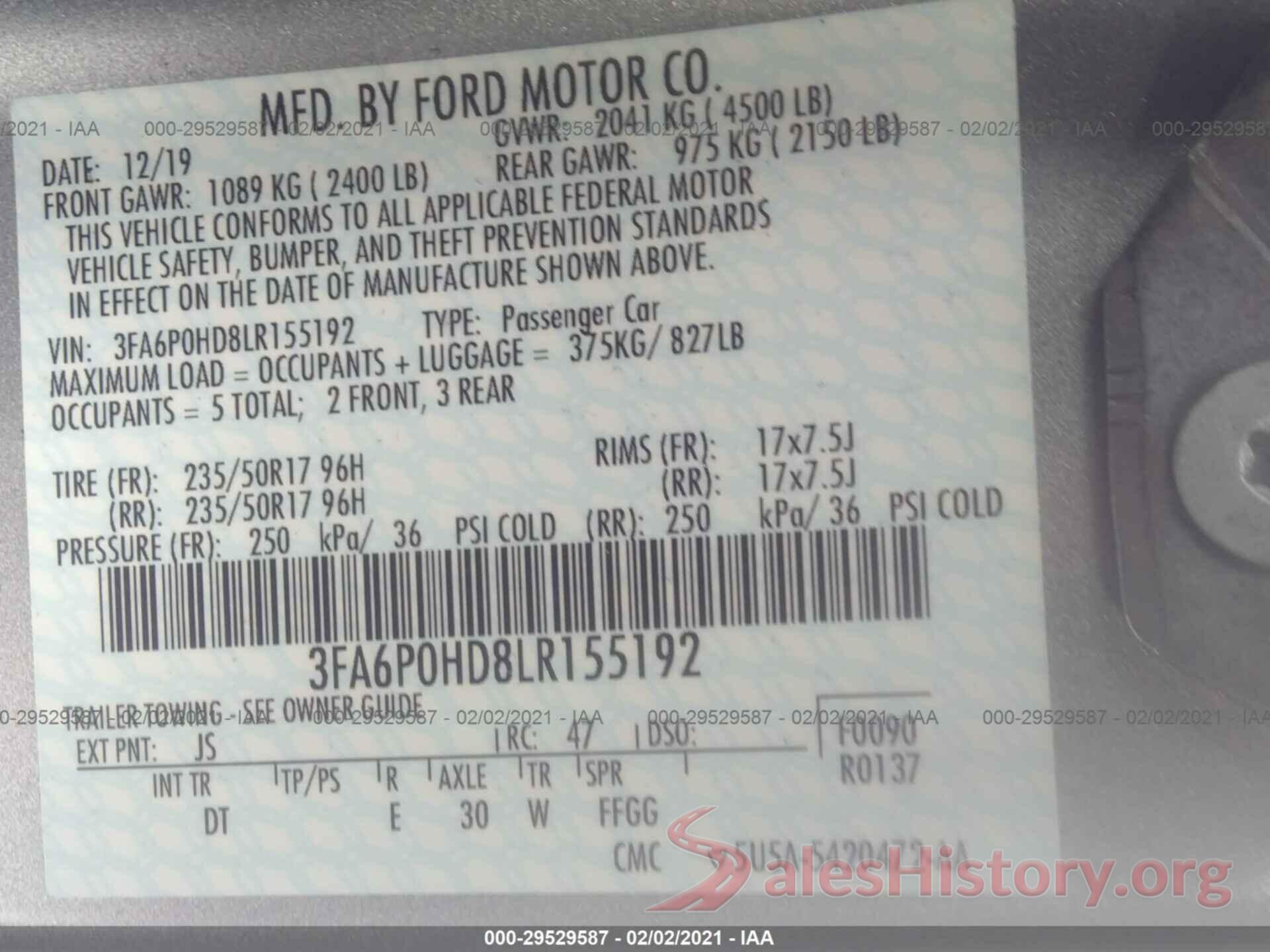 3FA6P0HD8LR155192 2020 FORD FUSION