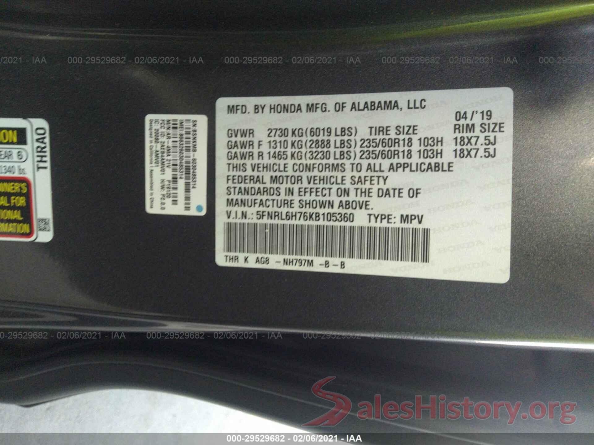 5FNRL6H76KB105360 2019 HONDA ODYSSEY