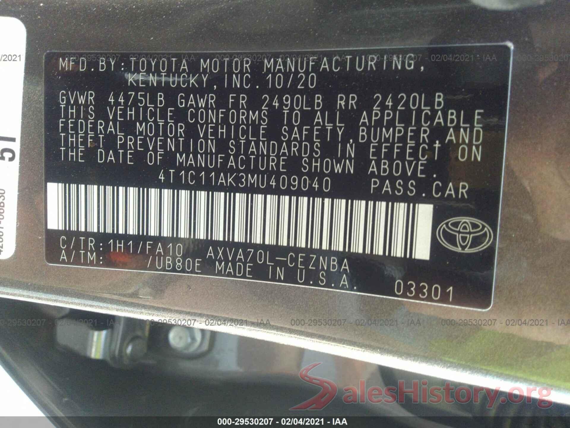 4T1C11AK3MU409040 2021 TOYOTA CAMRY