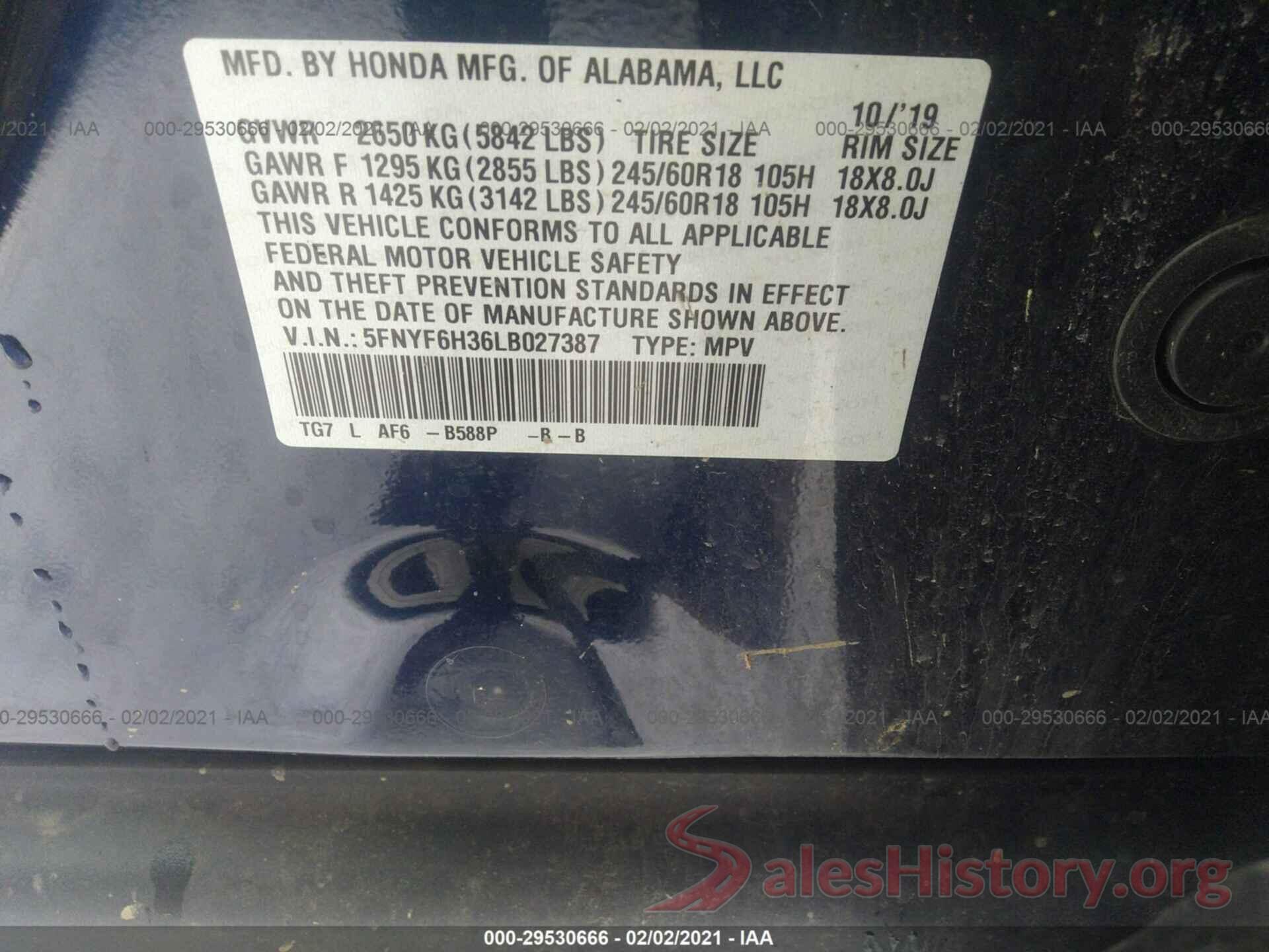 5FNYF6H36LB027387 2020 HONDA PILOT