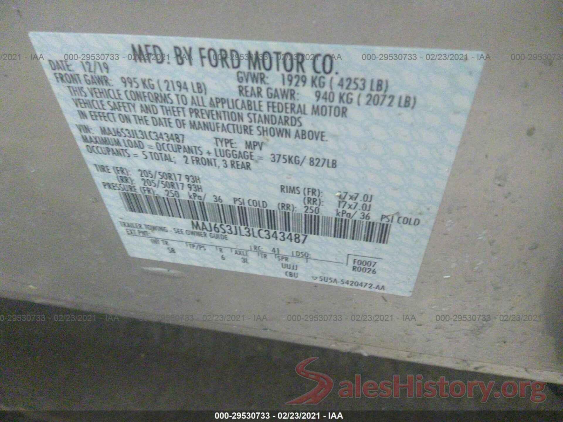 MAJ6S3JL3LC343487 2020 FORD ECOSPORT