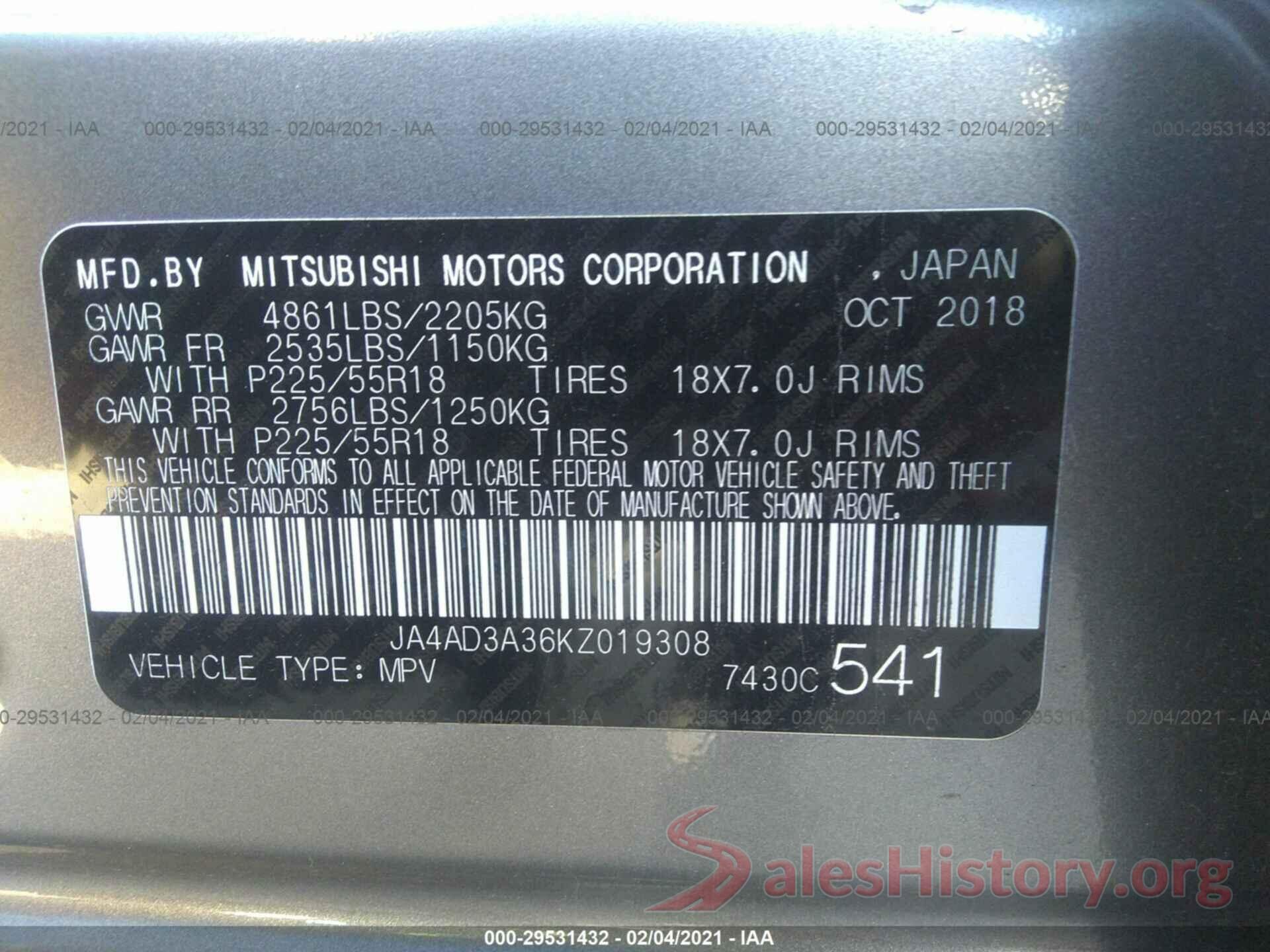 JA4AD3A36KZ019308 2019 MITSUBISHI OUTLANDER