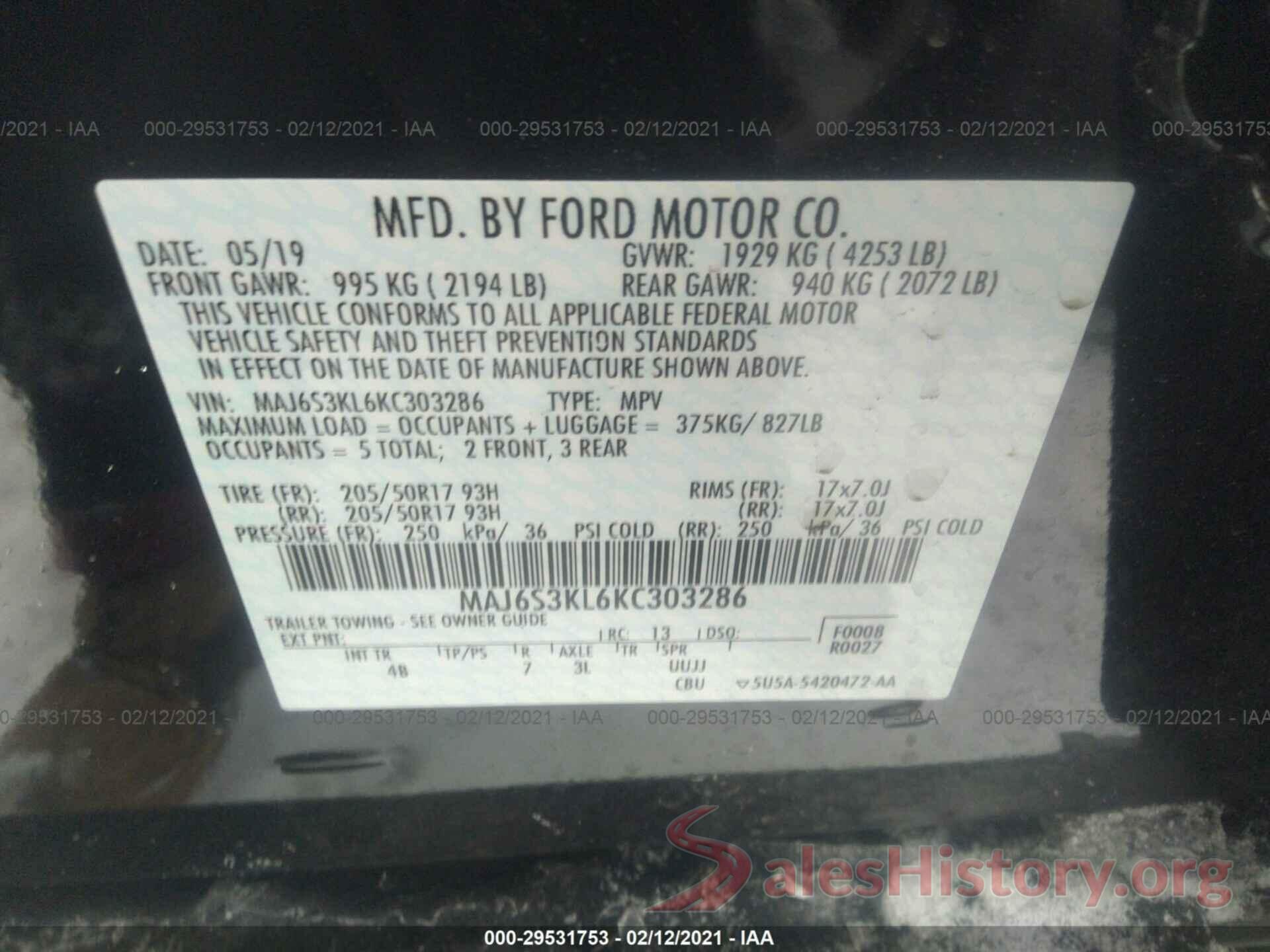 MAJ6S3KL6KC303286 2019 FORD ECOSPORT