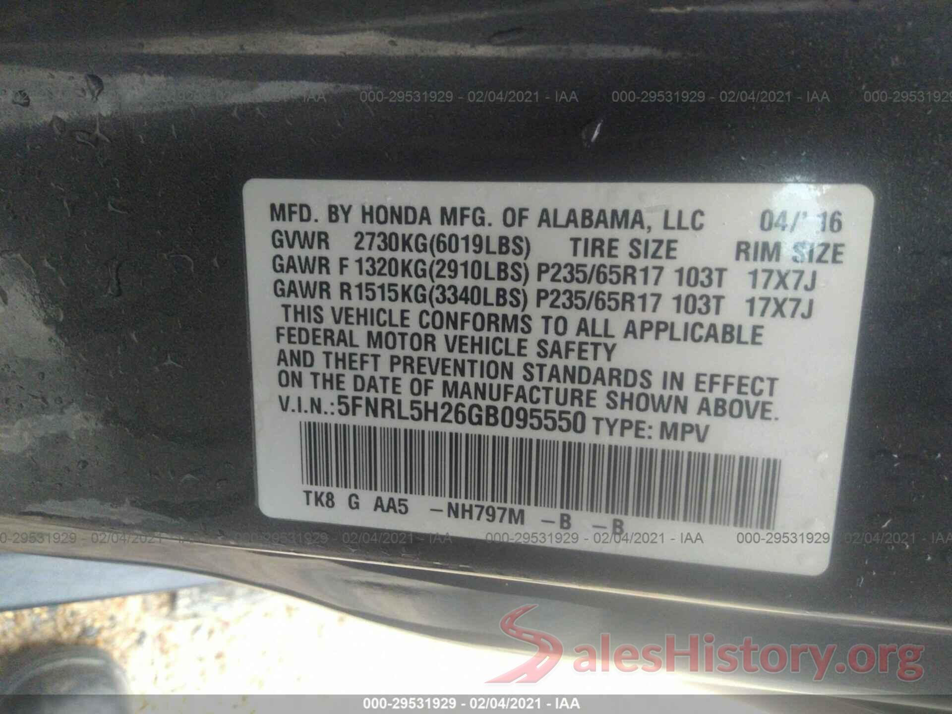 5FNRL5H26GB095550 2016 HONDA ODYSSEY