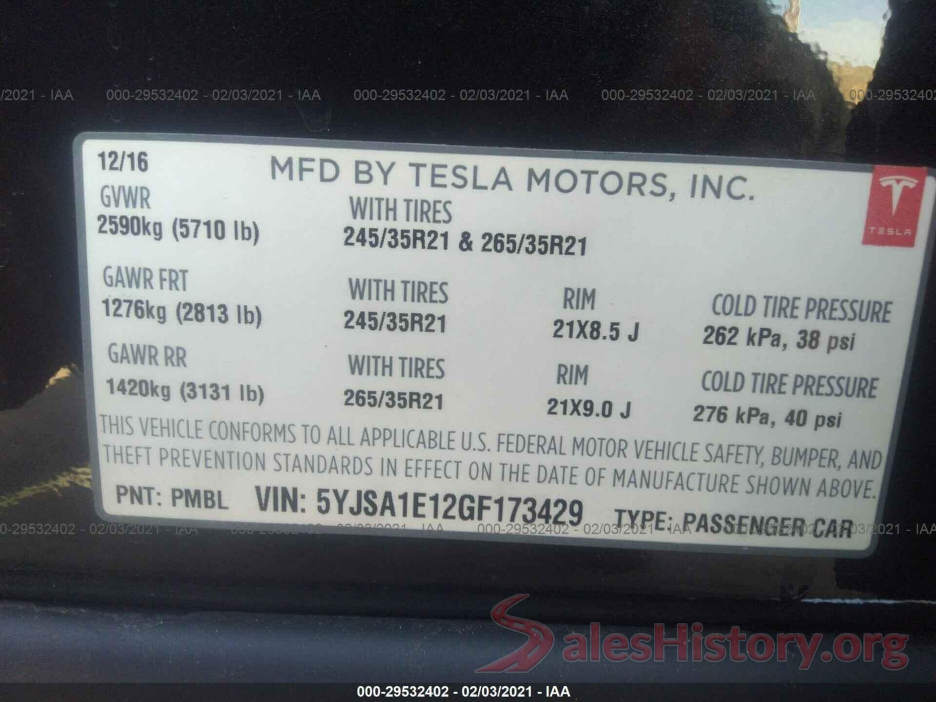 5YJSA1E12GF173429 2016 TESLA MODEL S