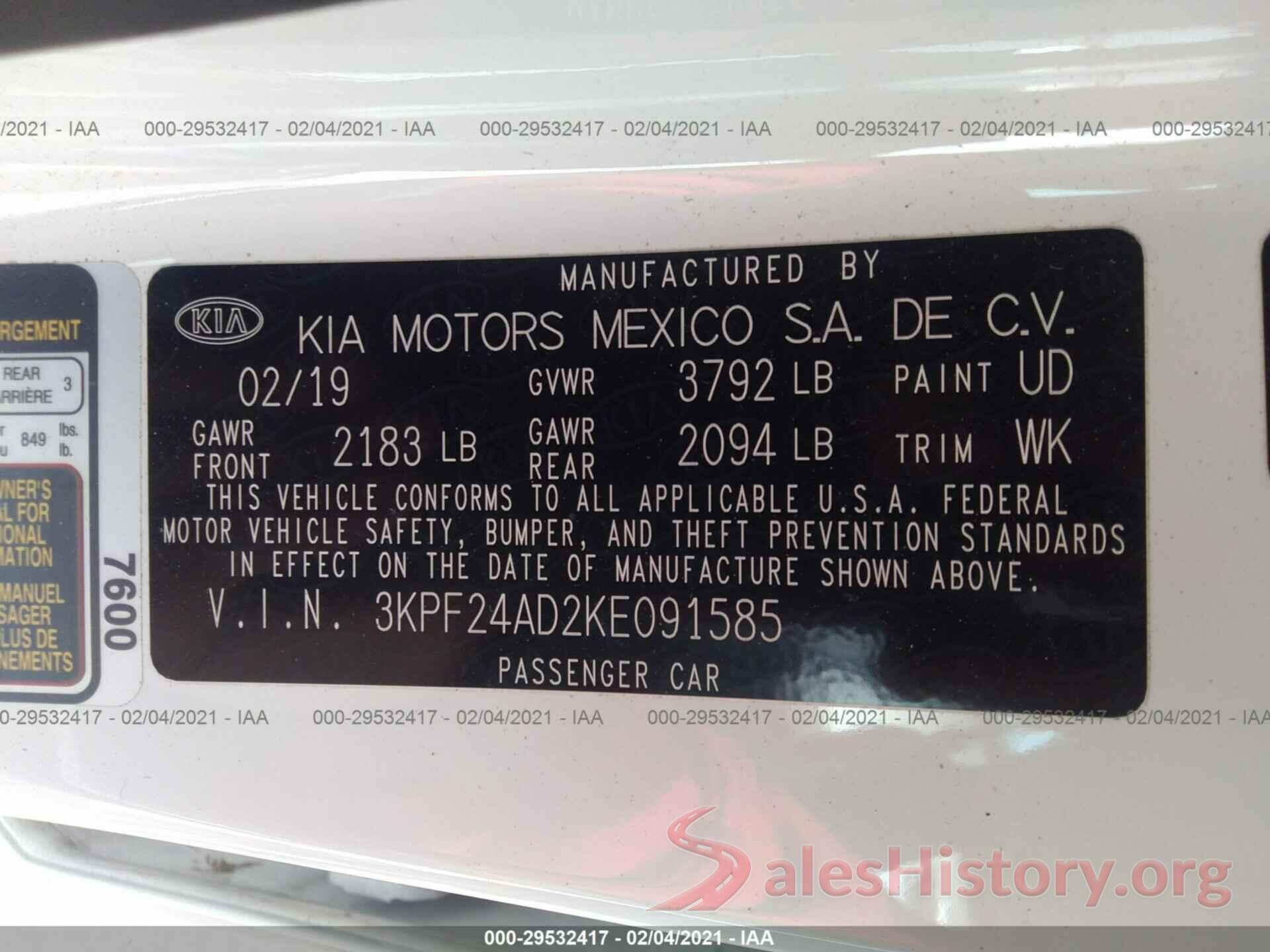 3KPF24AD2KE091585 2019 KIA FORTE