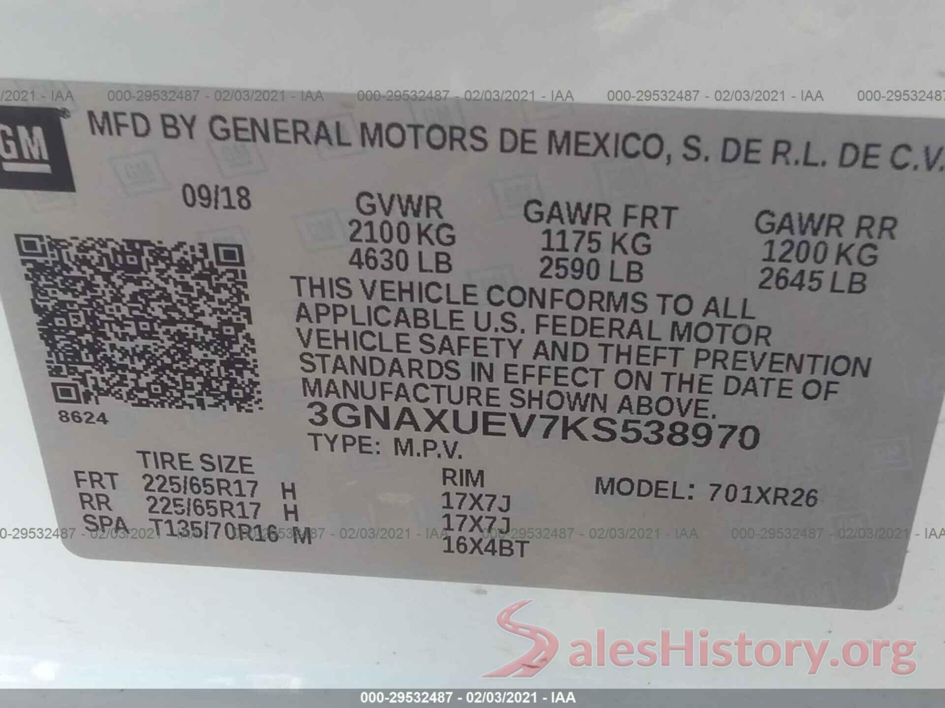 3GNAXUEV7KS538970 2019 CHEVROLET EQUINOX