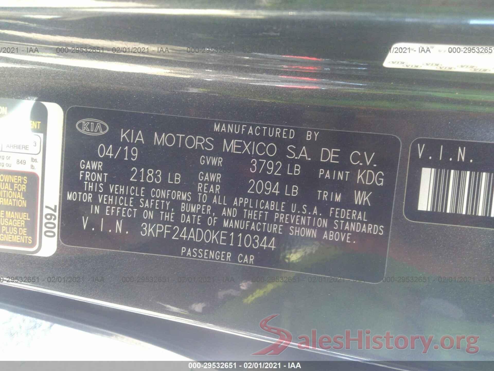 3KPF24AD0KE110344 2019 KIA FORTE