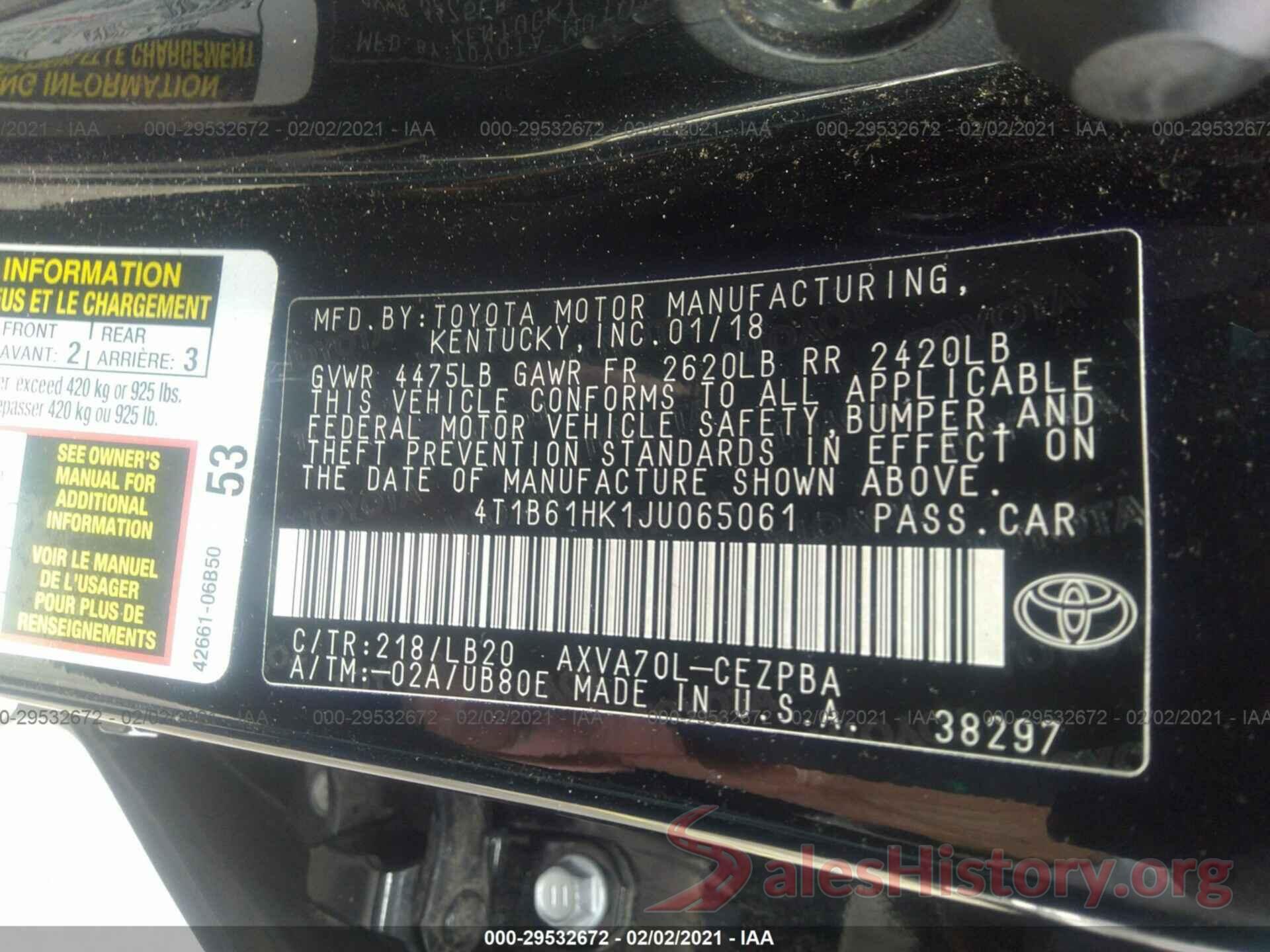 4T1B61HK1JU065061 2018 TOYOTA CAMRY