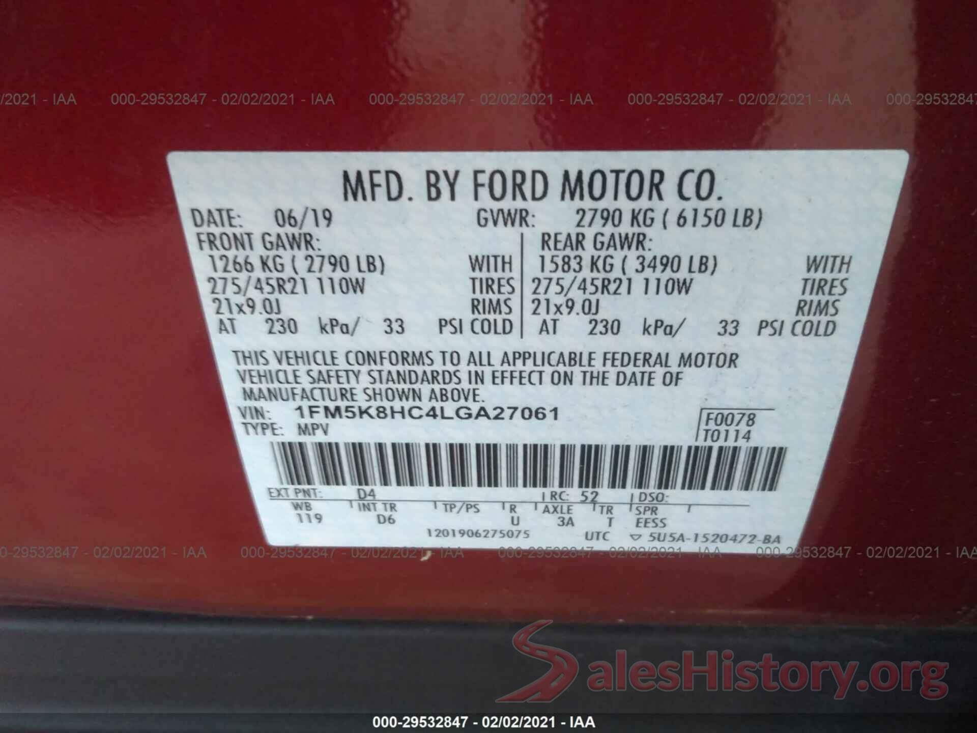 1FM5K8HC4LGA27061 2020 FORD EXPLORER