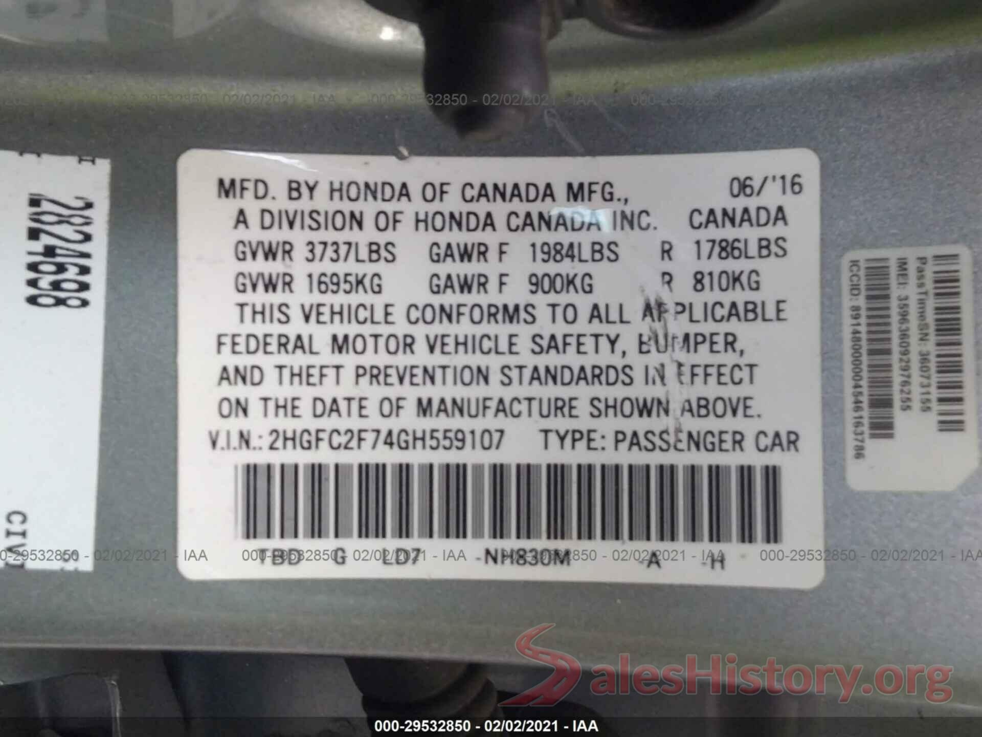 2HGFC2F74GH559107 2016 HONDA CIVIC