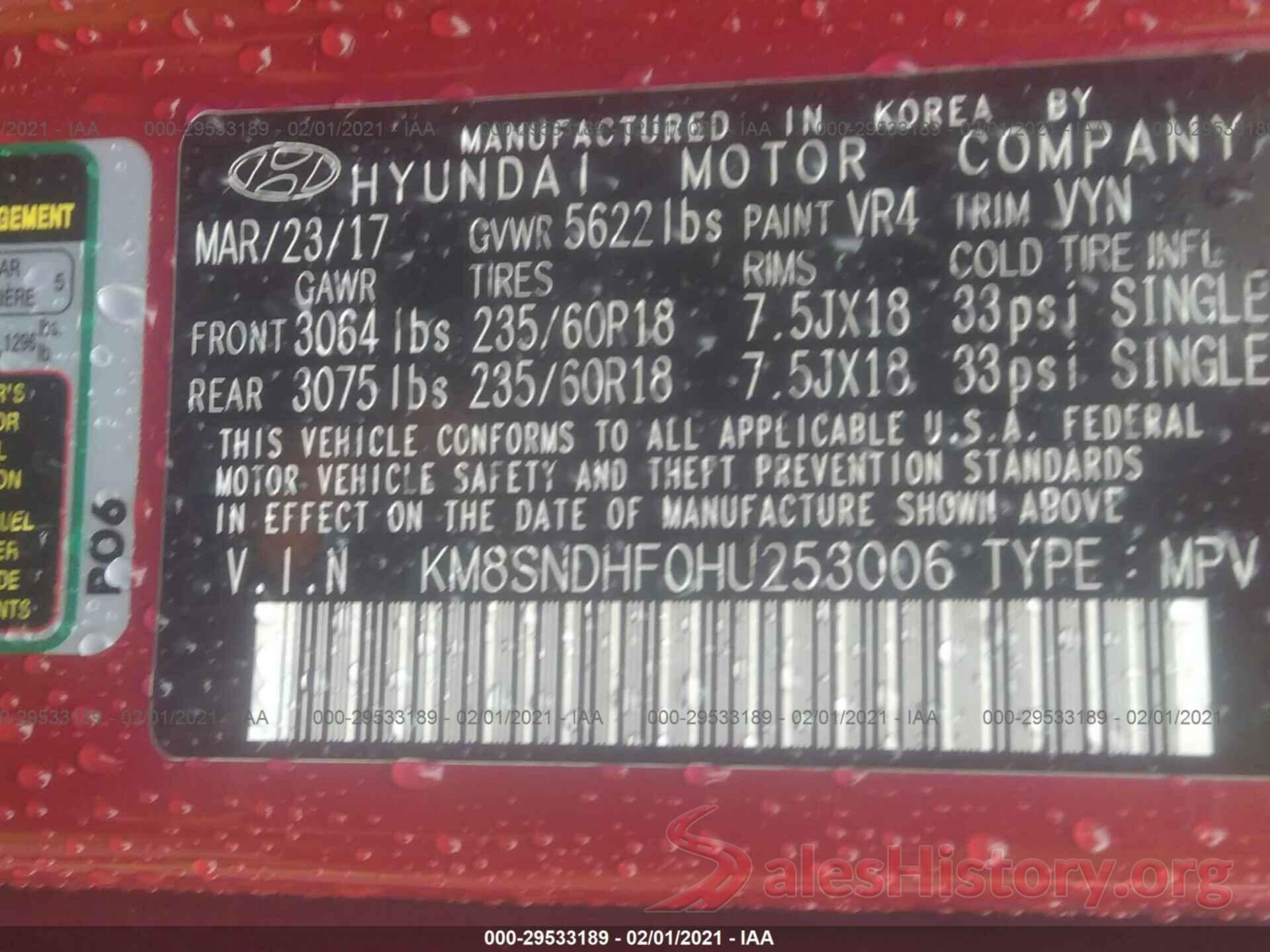 KM8SNDHF0HU253006 2017 HYUNDAI SANTA FE