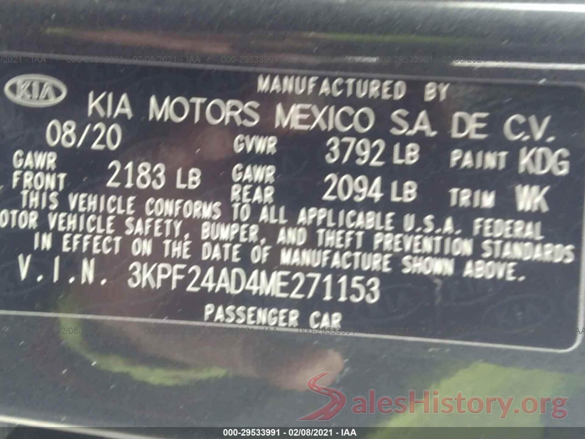 3KPF24AD4ME271153 2021 KIA FORTE