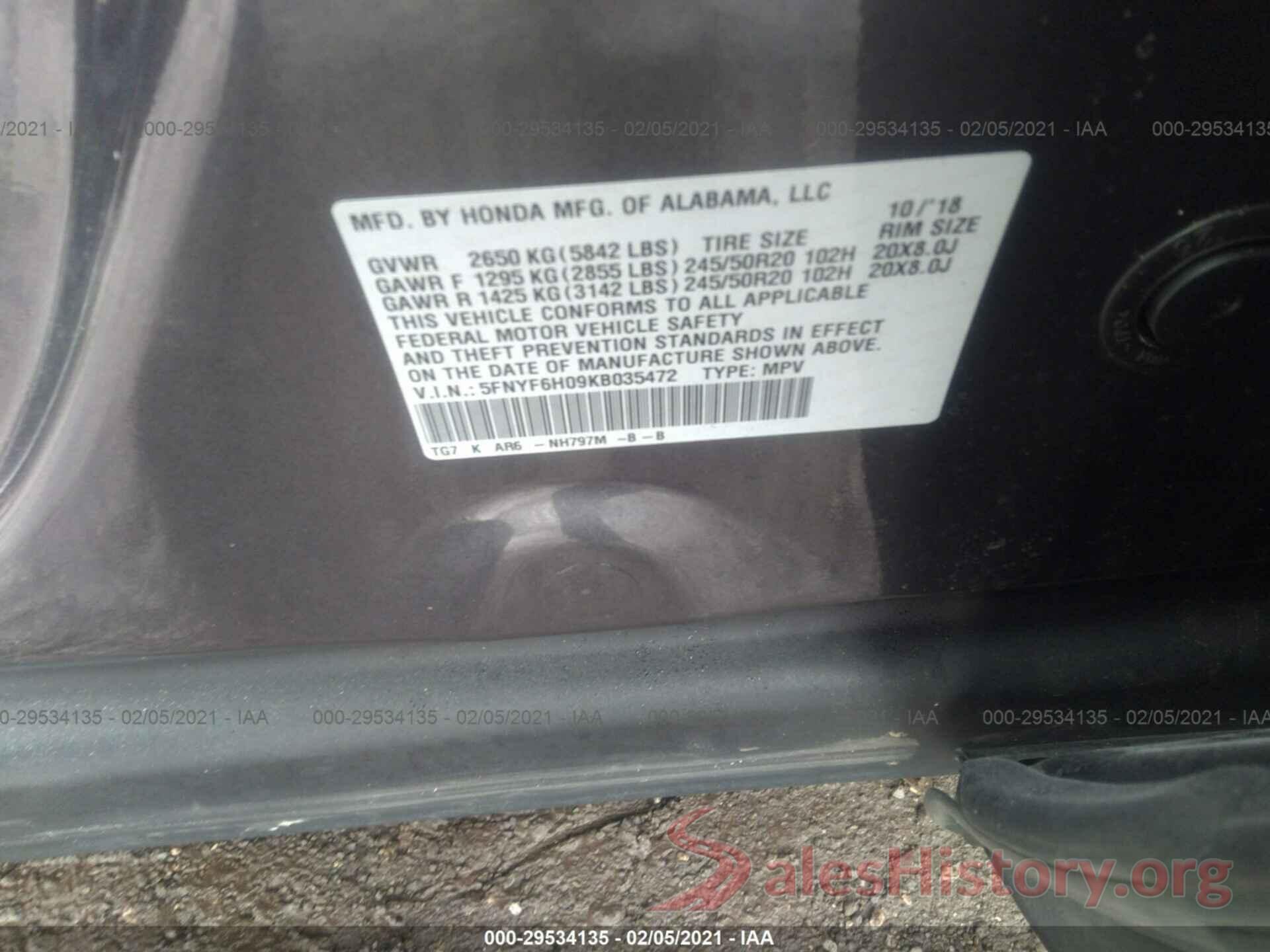 5FNYF6H09KB035472 2019 HONDA PILOT